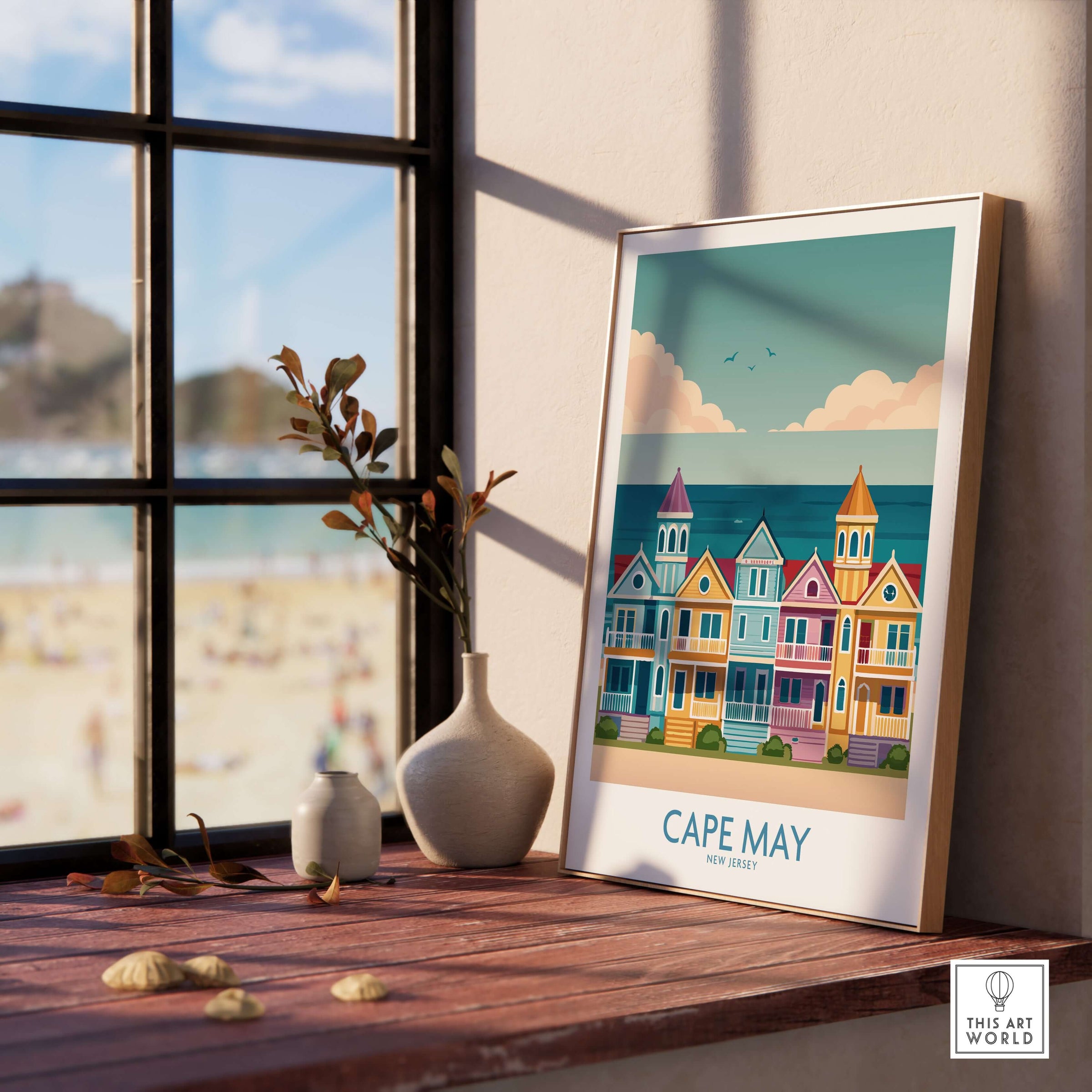 Cape May Seaside Charm Wall Art - Retro New Jersey Coastal Decor displayed in a sunlit room with a beach view.