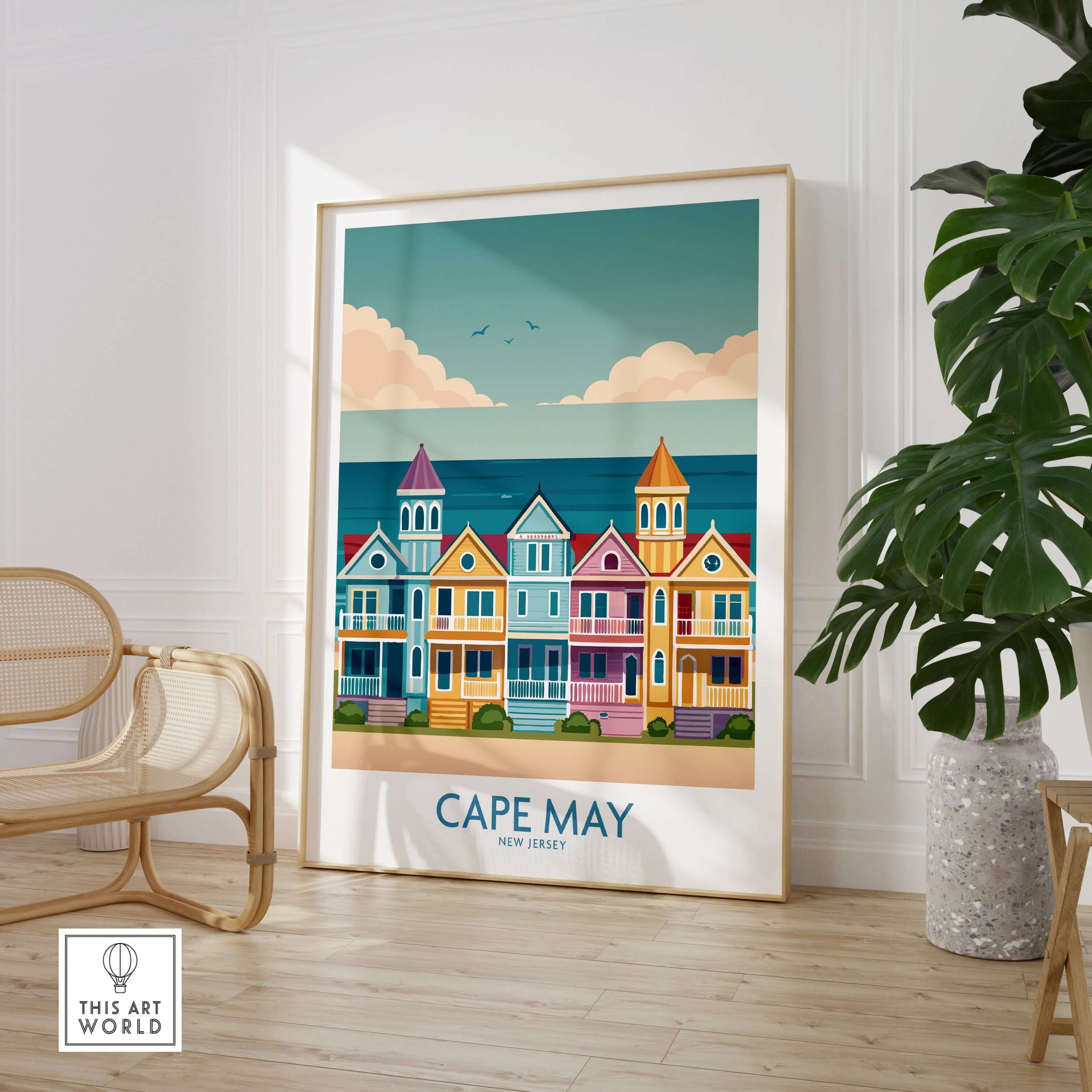 Cape May Seaside Charm Wall Art - Retro New Jersey Coastal Decor featuring colorful beach houses.