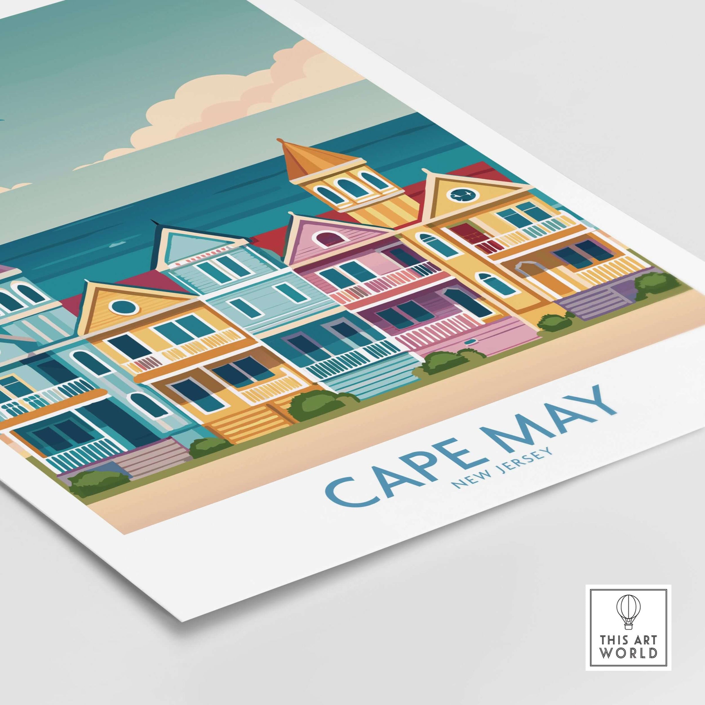 Cape May Seaside Charm Wall Art - Retro New Jersey Coastal Decor featuring colorful beach houses