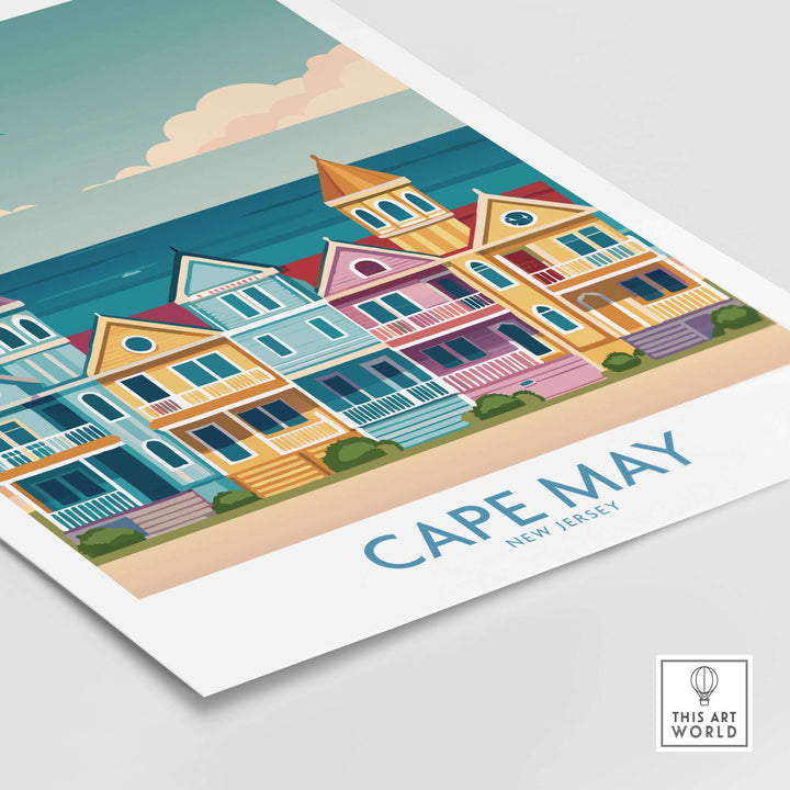 Cape May Seaside Charm wall art showcasing colorful coastal houses, retro New Jersey decor for beach lovers.