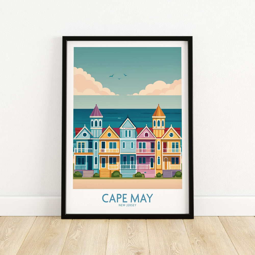 Framed retro Cape May wall art featuring colorful seaside houses and coastal scenery in New Jersey decor.