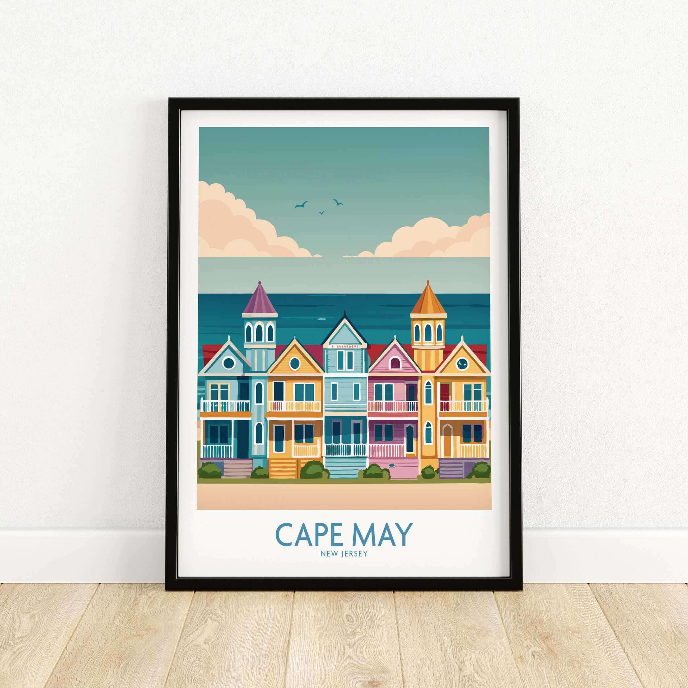 Cape May Seaside Charm Wall Art - Retro New Jersey Coastal Decor showcasing colorful beach houses and ocean view.