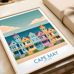 Cape May Seaside Charm Wall Art - Retro New Jersey Coastal Decor featuring colorful beach houses by the sea.