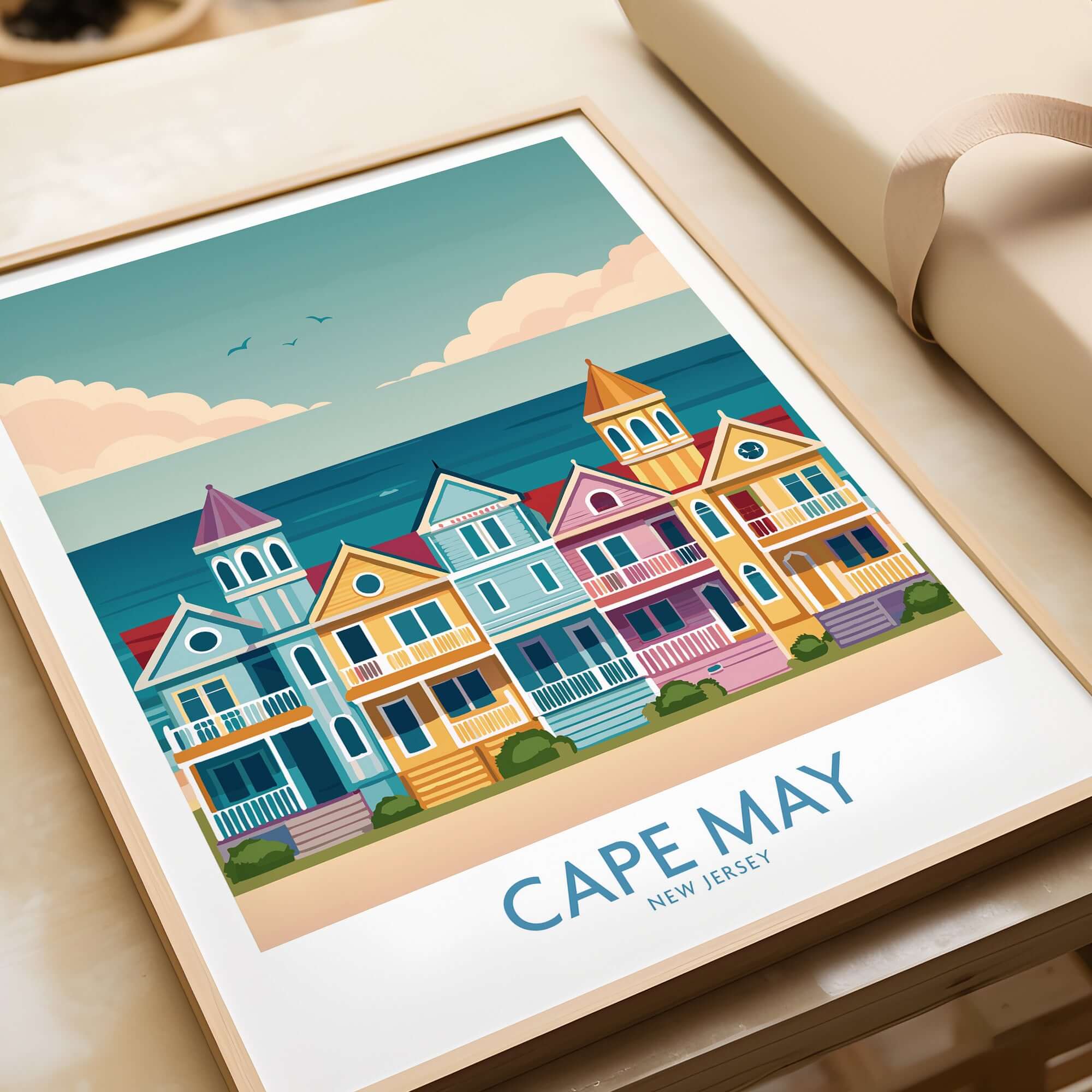 Cape May Seaside Charm Wall Art - Retro New Jersey Coastal Decor featuring colorful beach houses by the sea.