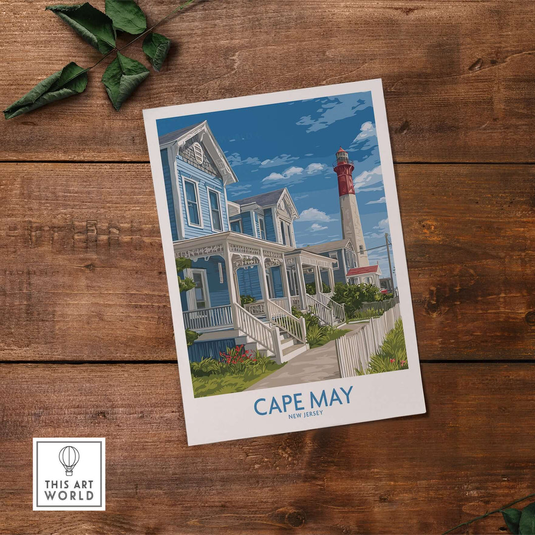 Vintage Cape May Shoreline print featuring iconic architecture and lighthouse, perfect for New Jersey art lovers.