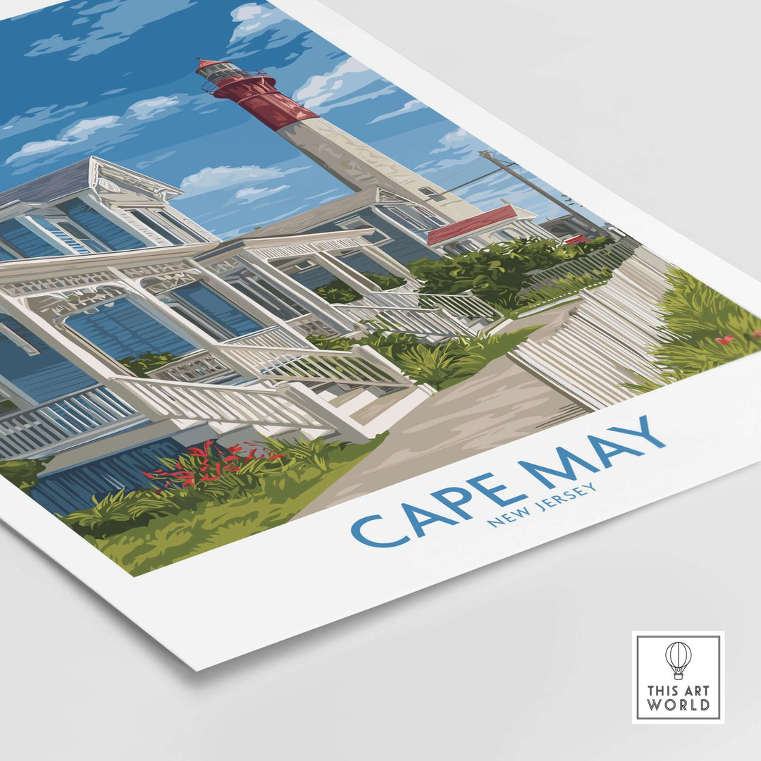 Vintage style Cape May print featuring a lighthouse and charming seaside house in New Jersey.