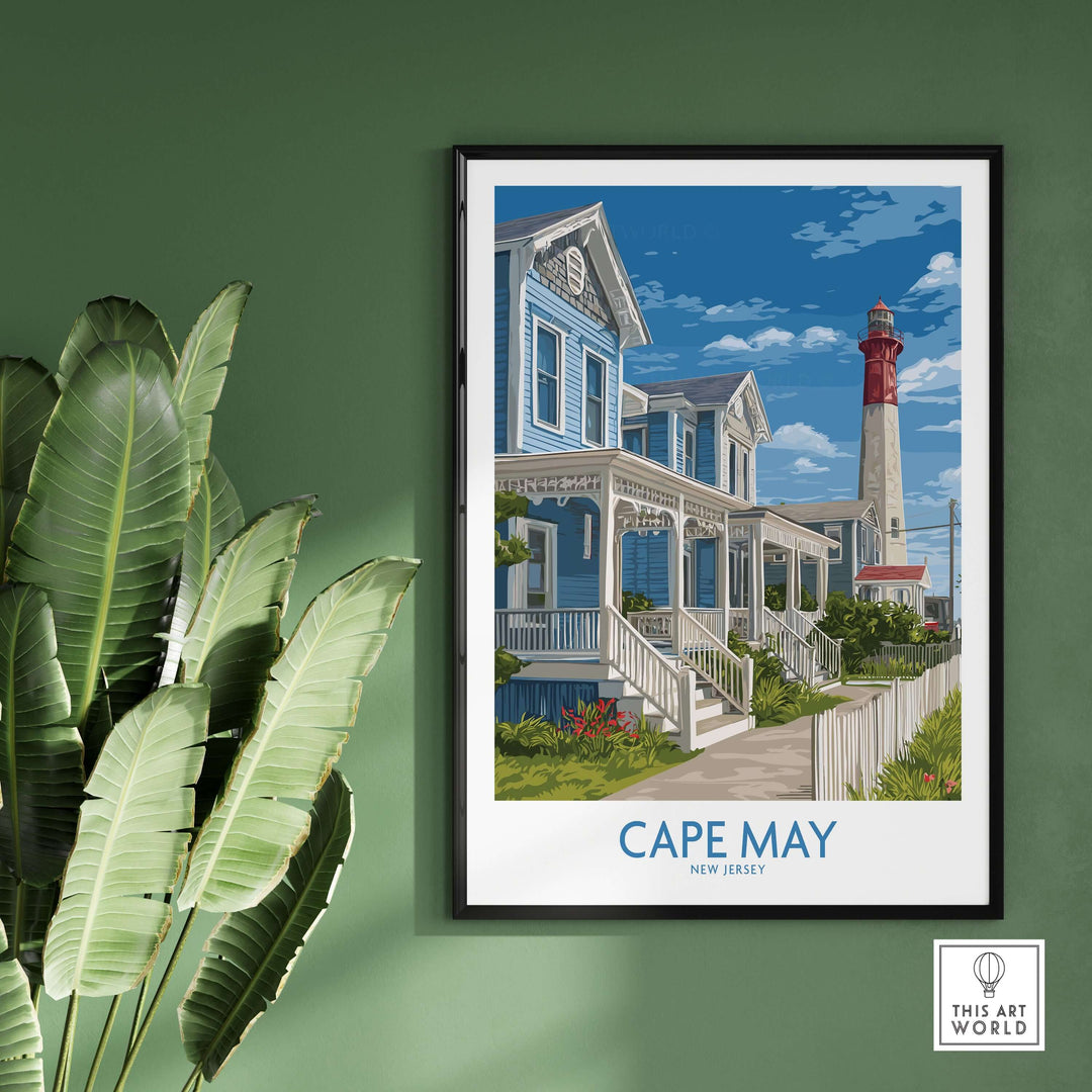 Vintage Cape May shoreline print featuring iconic coastal architecture and lighthouse, perfect for New Jersey decor.