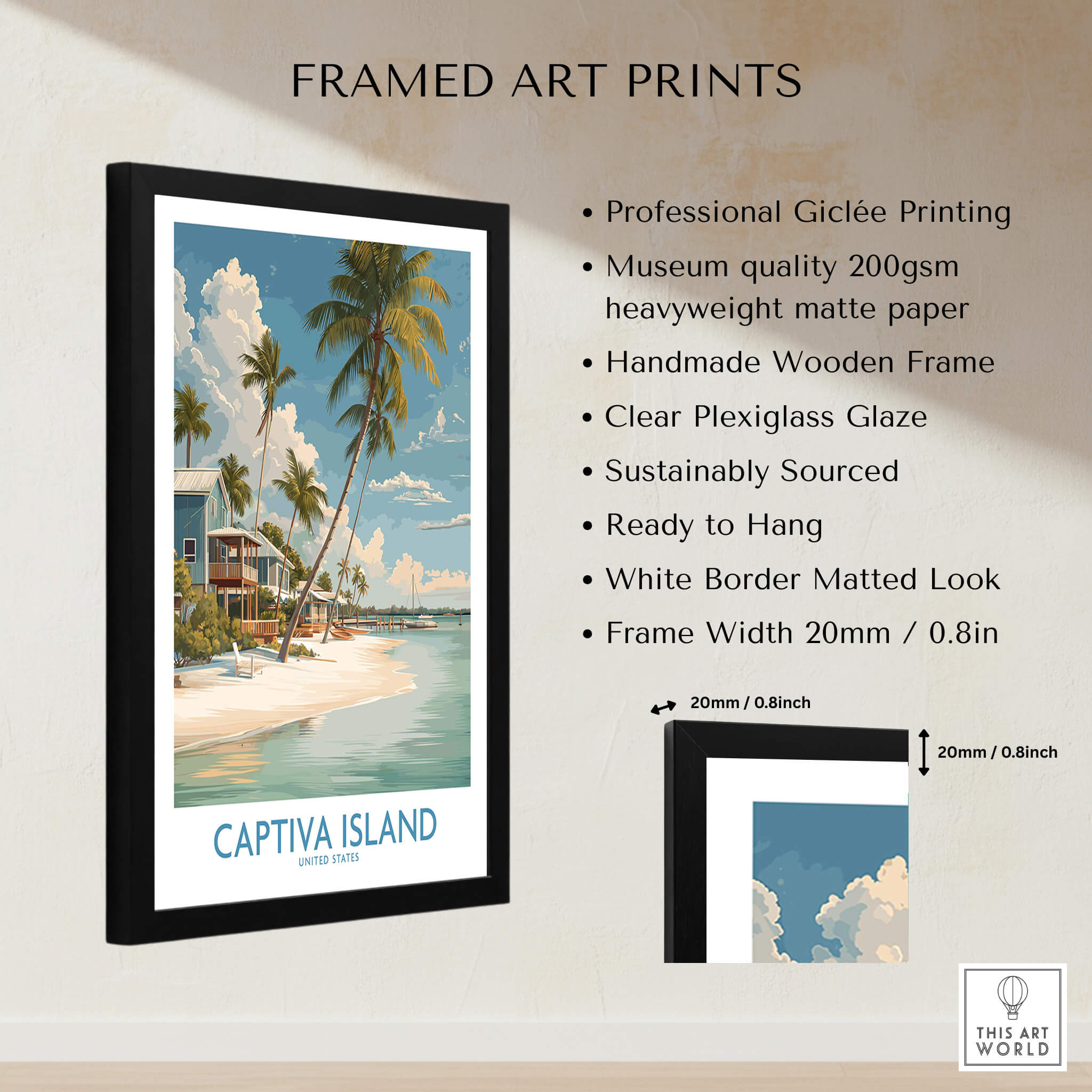 Captiva Island Florida Wall Art – Tropical Beachfront Print in a framed giclée print with a clear plexiglass glaze.