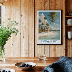 Captiva Island Florida Wall Art – Tropical Beachfront Print in a cozy home decor setting with wooden elements.
