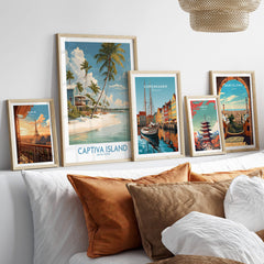 Captiva Island Florida Wall Art – Tropical Beachfront Print displayed among other framed city prints.