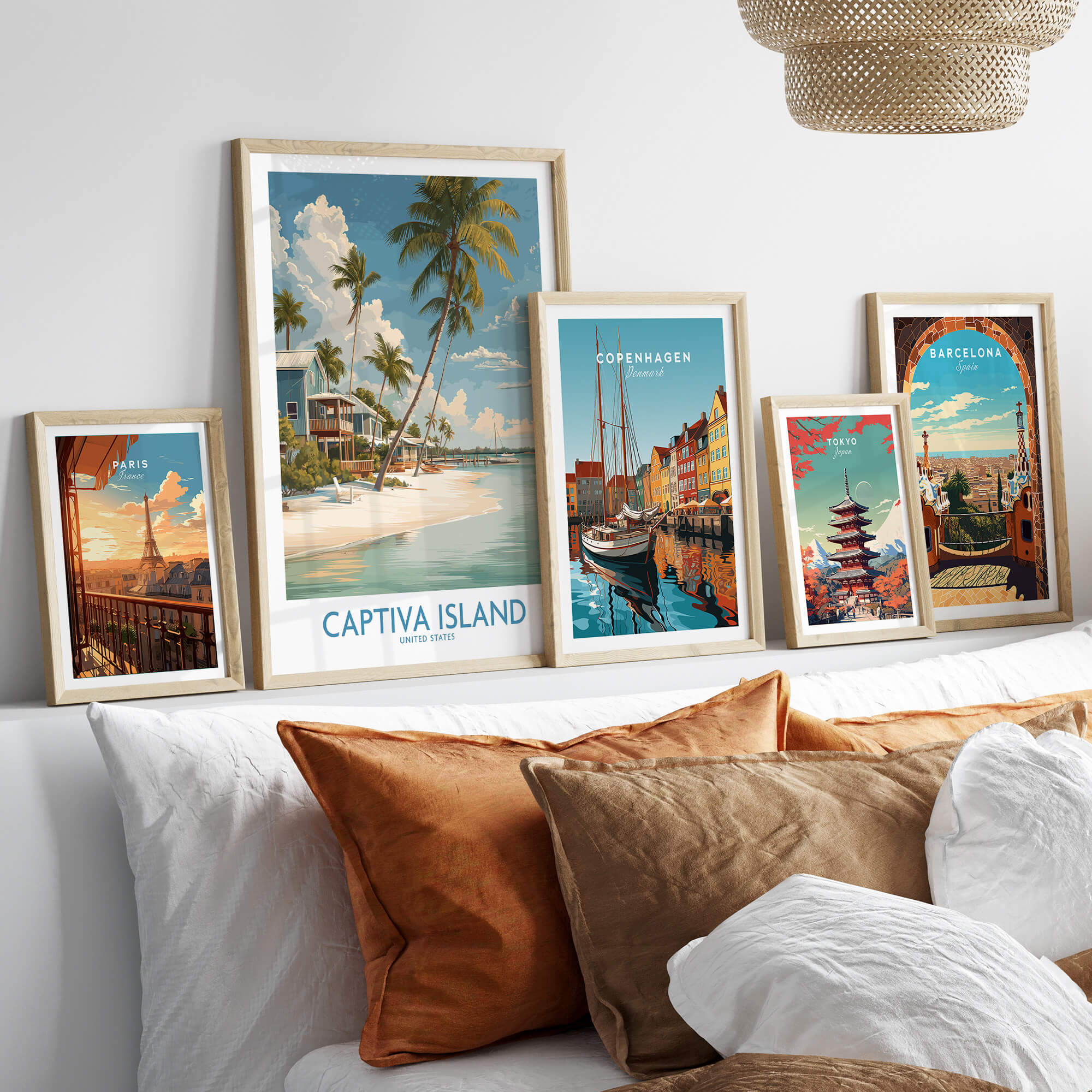 Captiva Island Florida Wall Art – Tropical Beachfront Print displayed among other framed city prints.