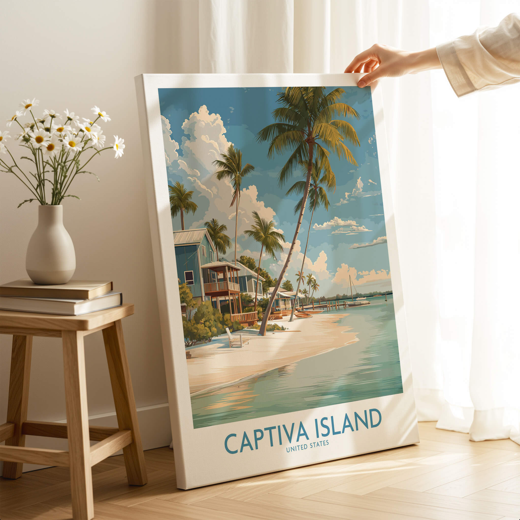 Captiva Island Florida Wall Art – Tropical Beachfront Print featuring a serene tropical scene with palm trees and coastal homes.
