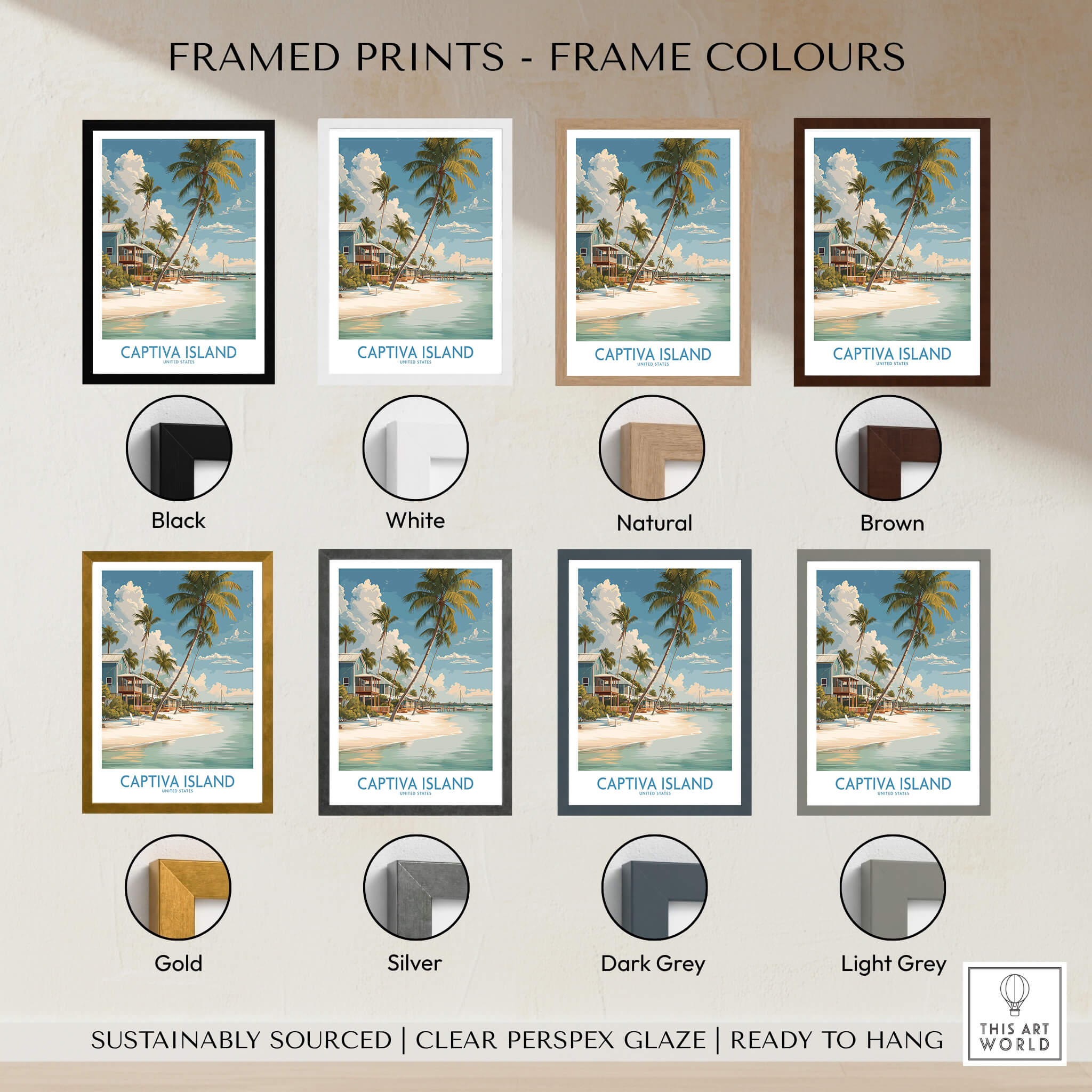 Framed Captiva Island Florida Wall Art – Tropical Beachfront Print options in various frame colors.