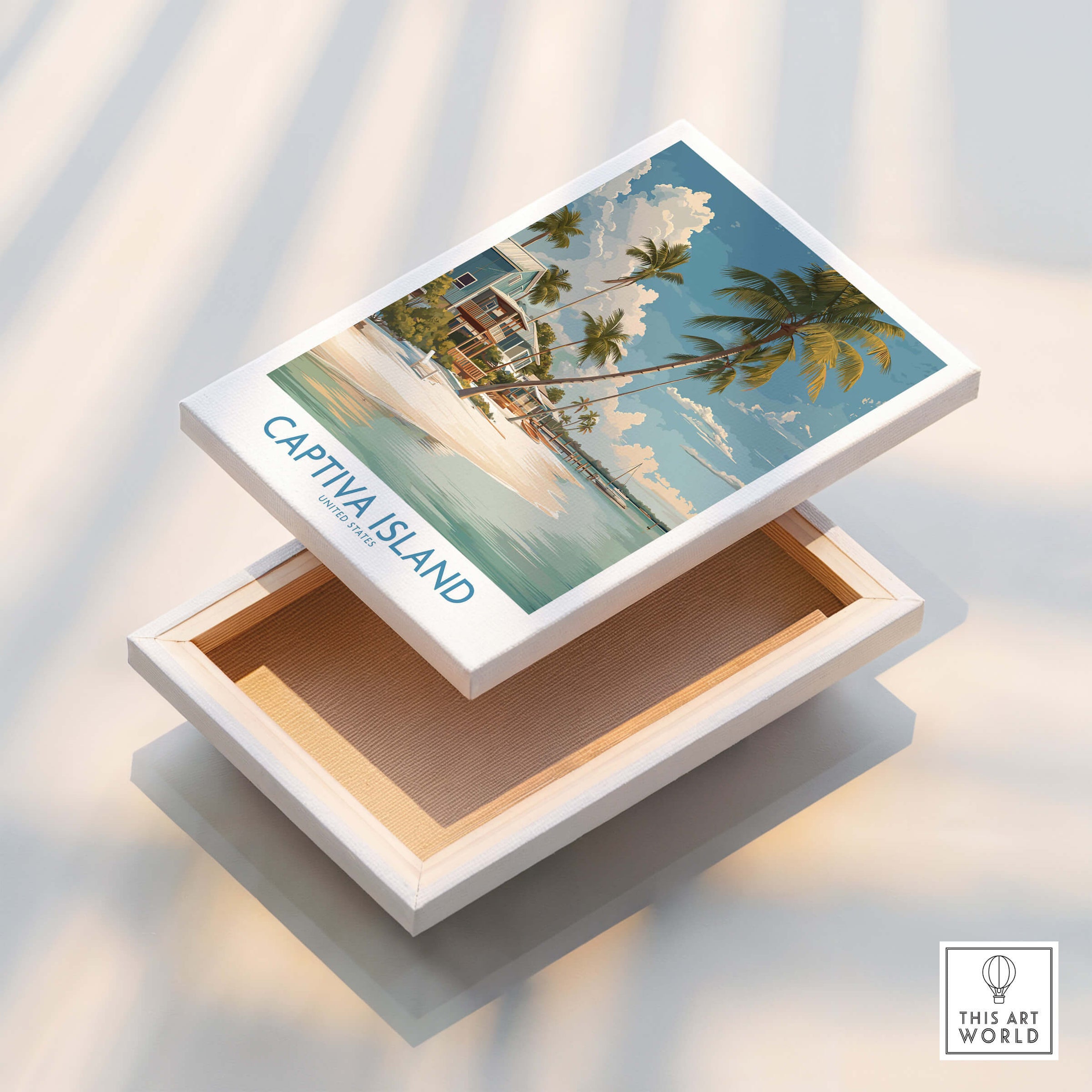 Captiva Island Florida Wall Art – Tropical Beachfront Print displayed on a wooden box with vibrant tropical design.
