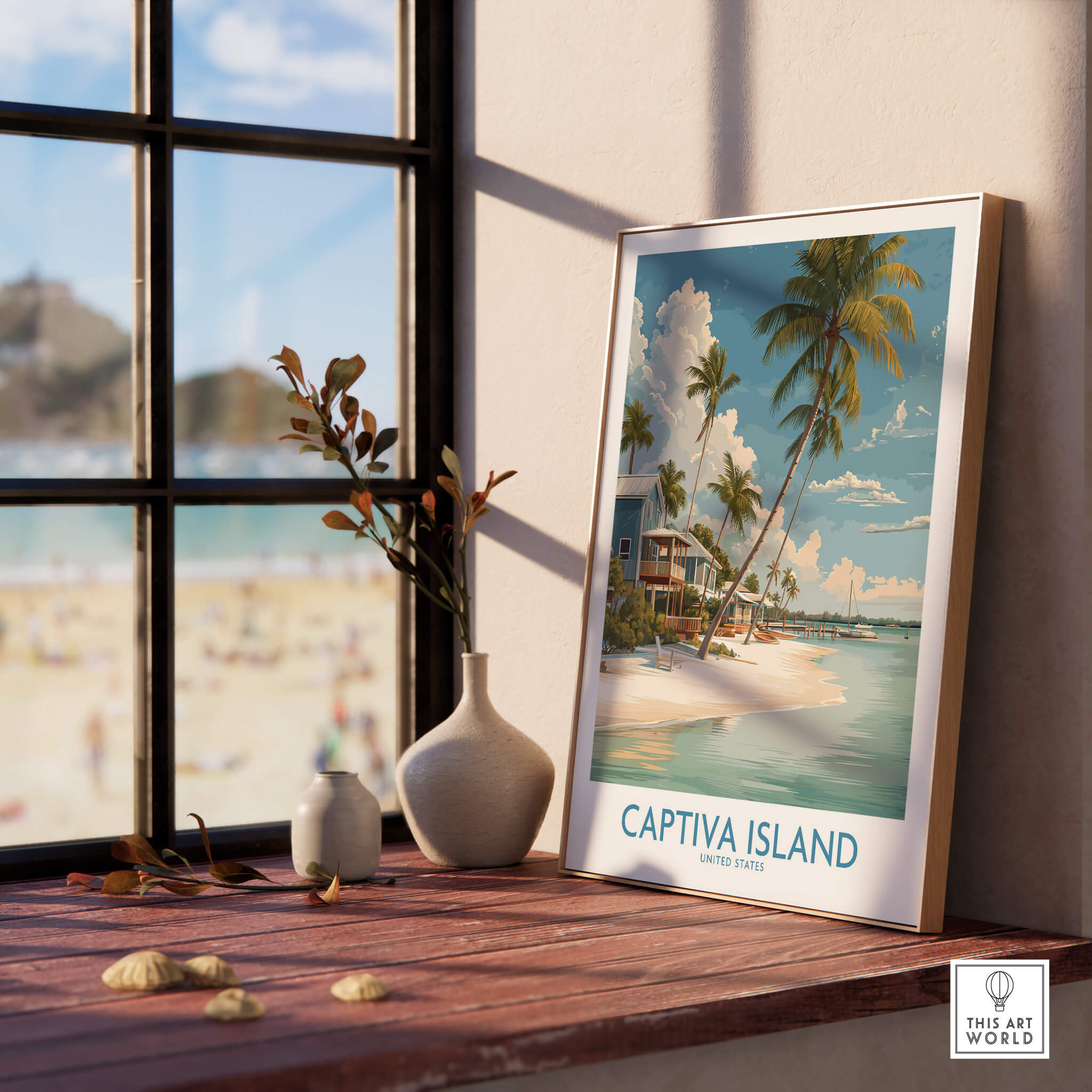 Captiva Island Florida Wall Art – Tropical Beachfront Print displayed by a window with beach view.