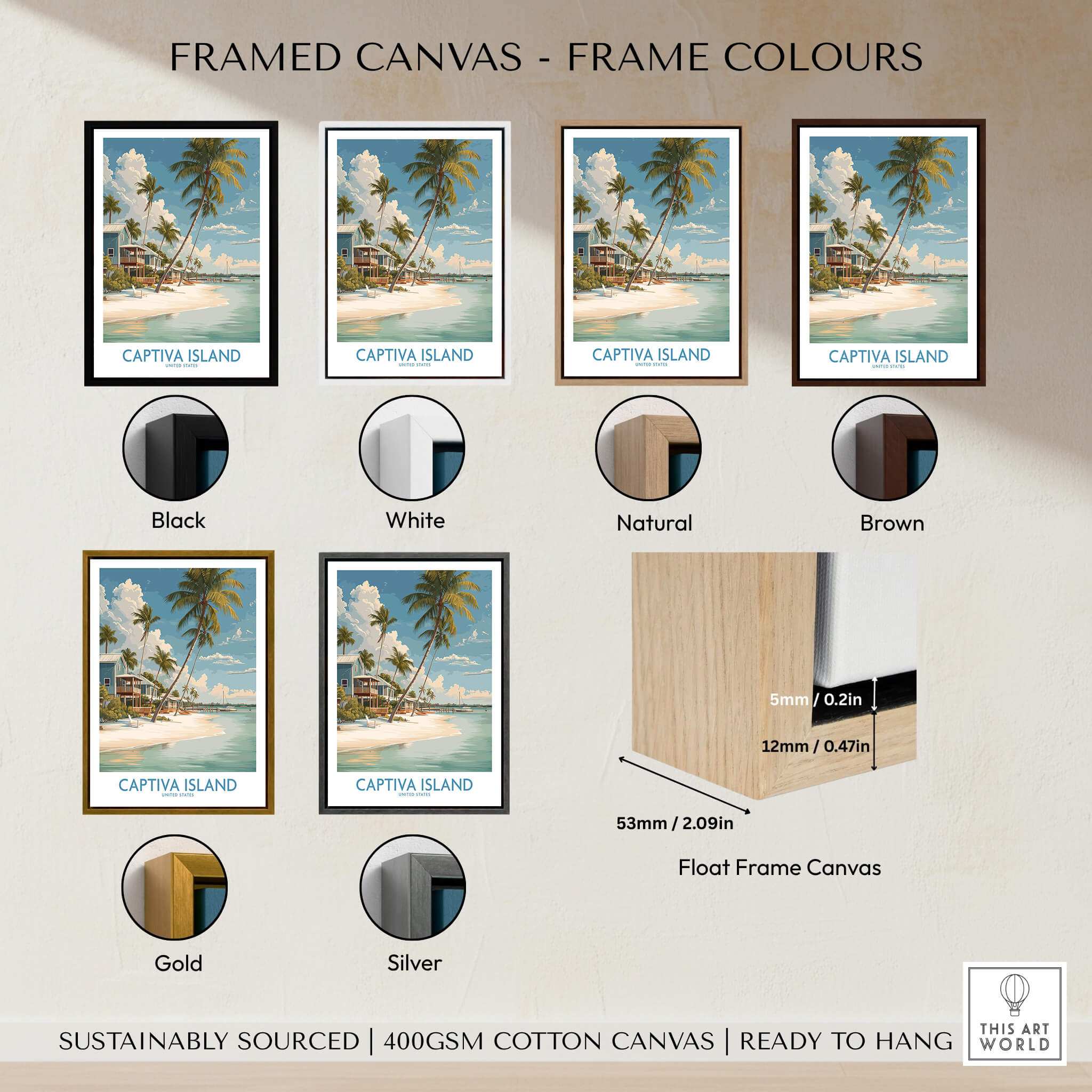 Framed Captiva Island Florida Wall Art – Tropical Beachfront Print options with multiple frame colors.