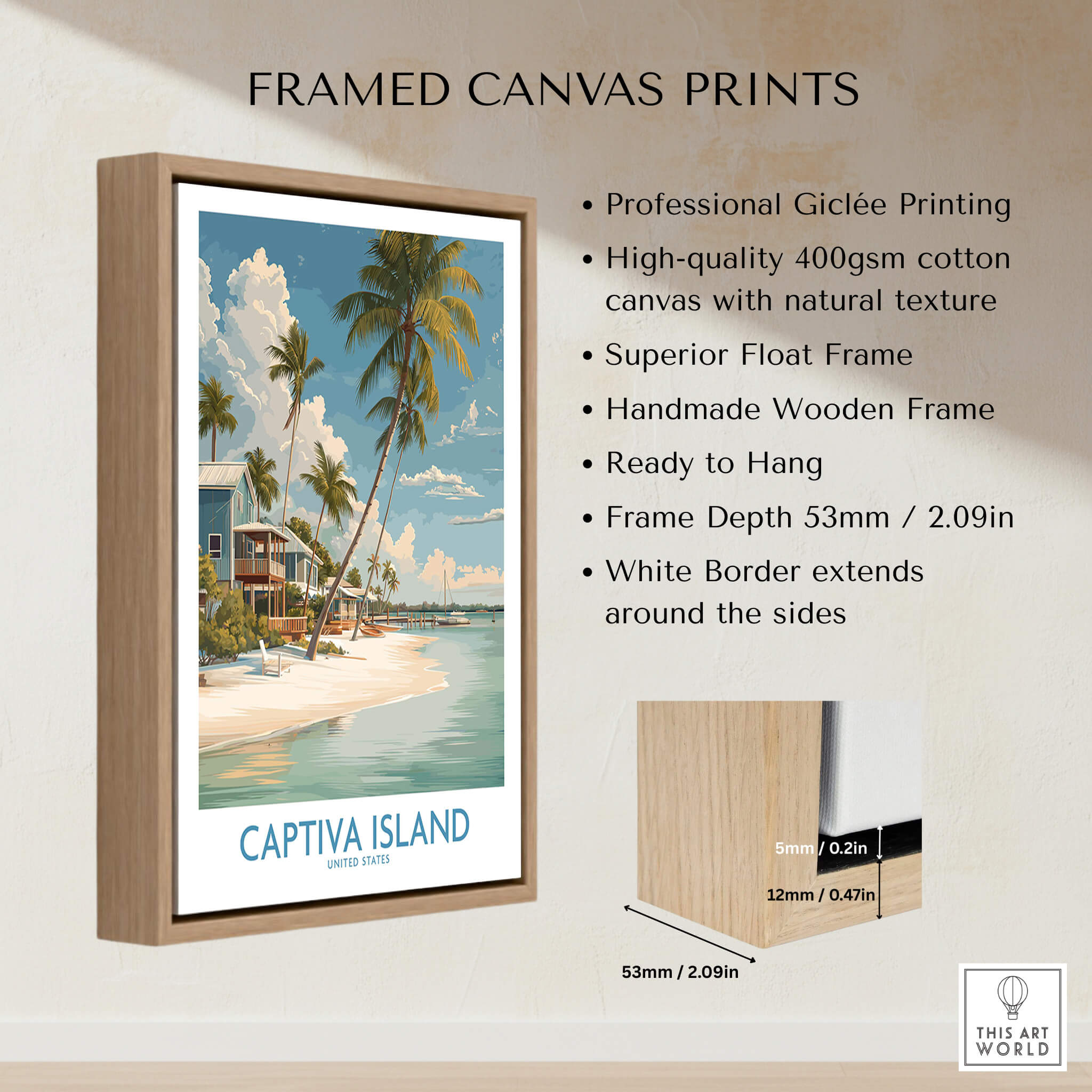 Captiva Island Florida Wall Art – Tropical Beachfront Print showcasing framed canvas art with wooden frame
