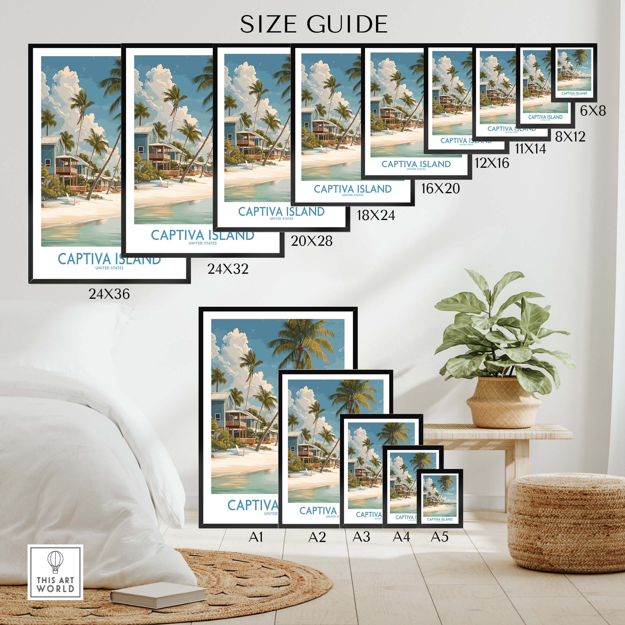 Captiva Island Florida Wall Art – Tropical Beachfront Print size guide showcasing various frame dimensions.
