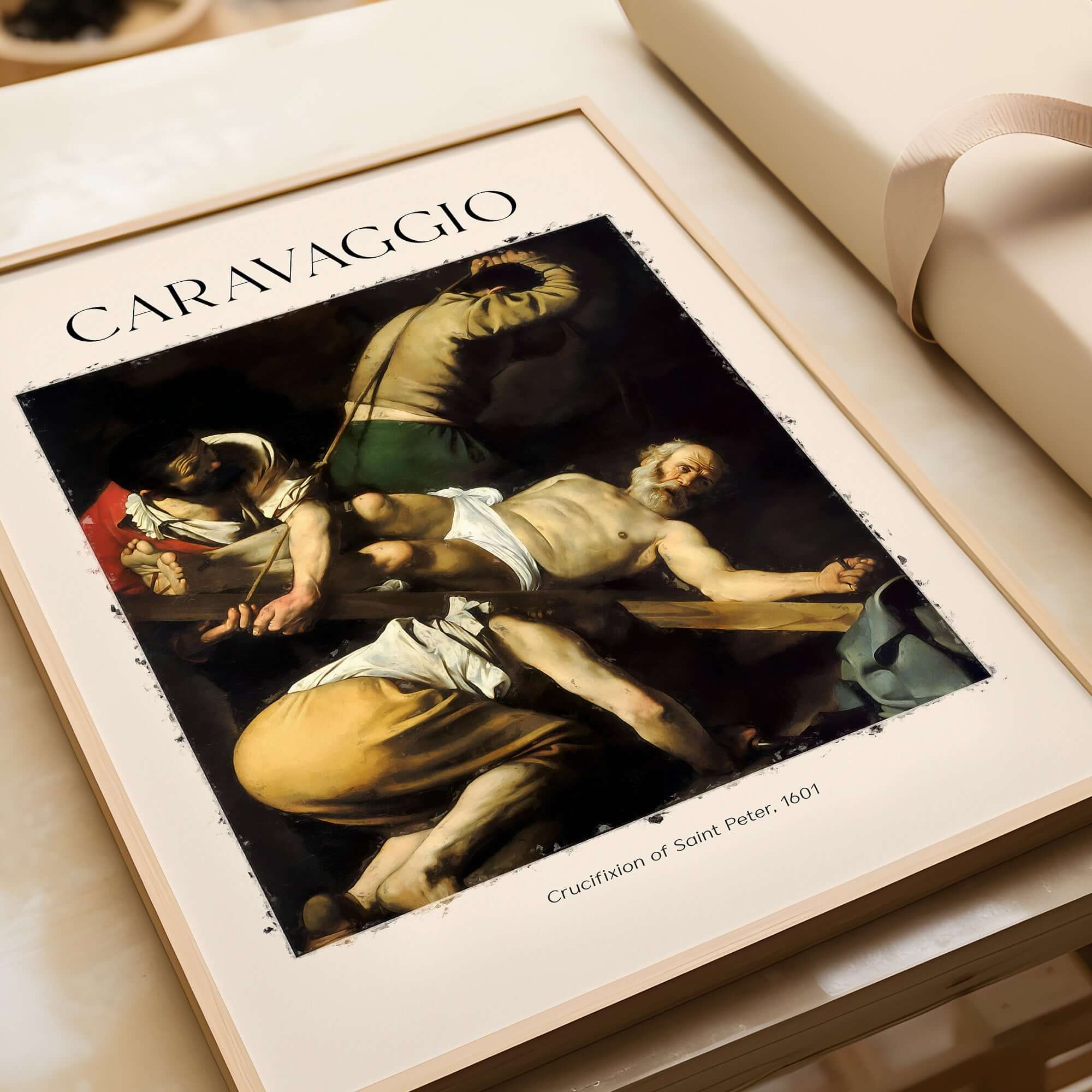 Caravaggio Art Print - Crucifixion of Saint Peter 1601 framed artwork featuring dynamic composition and dramatic chiaroscuro.