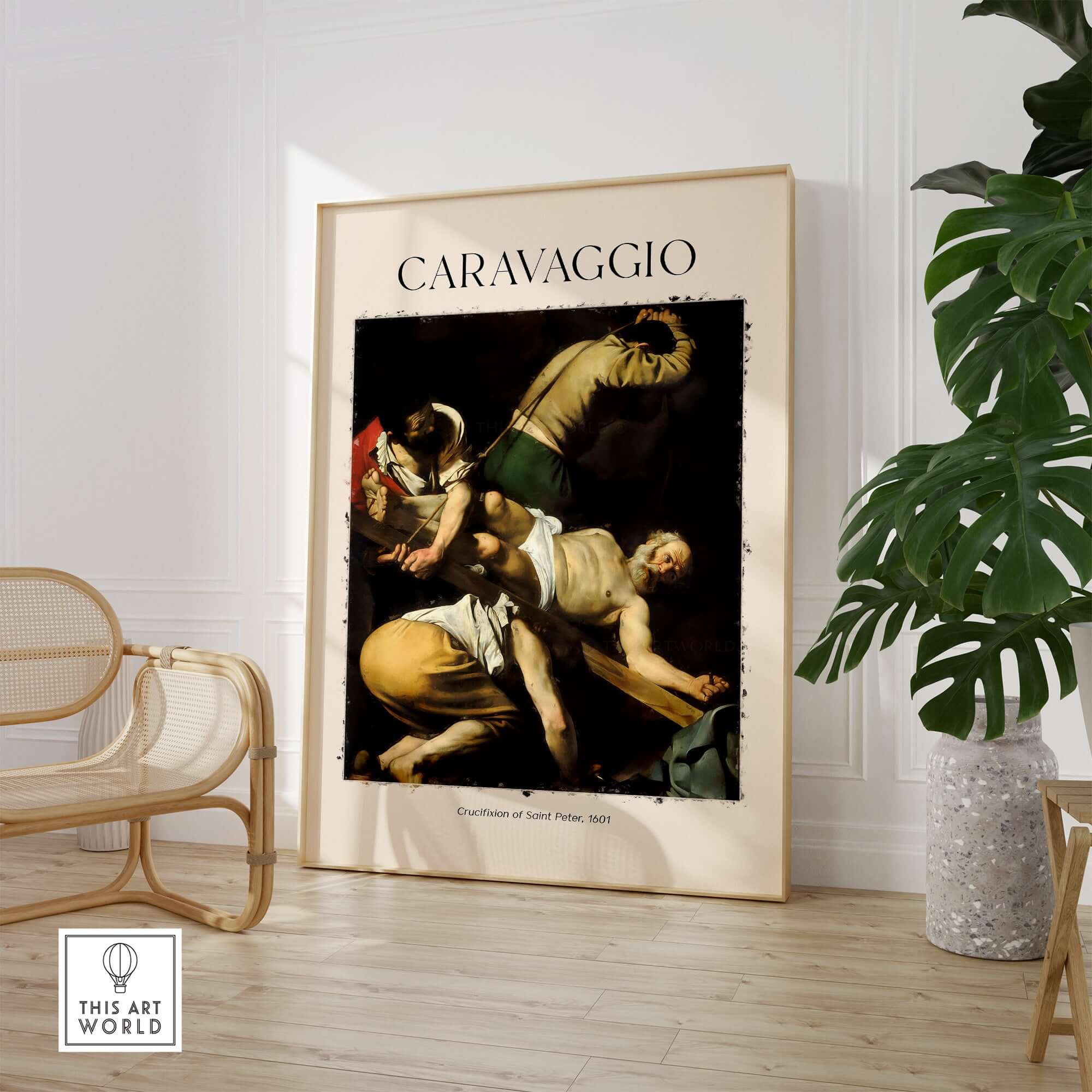 Caravaggio Art Print - Crucifixion of Saint Peter 1601 displayed in modern interior setting