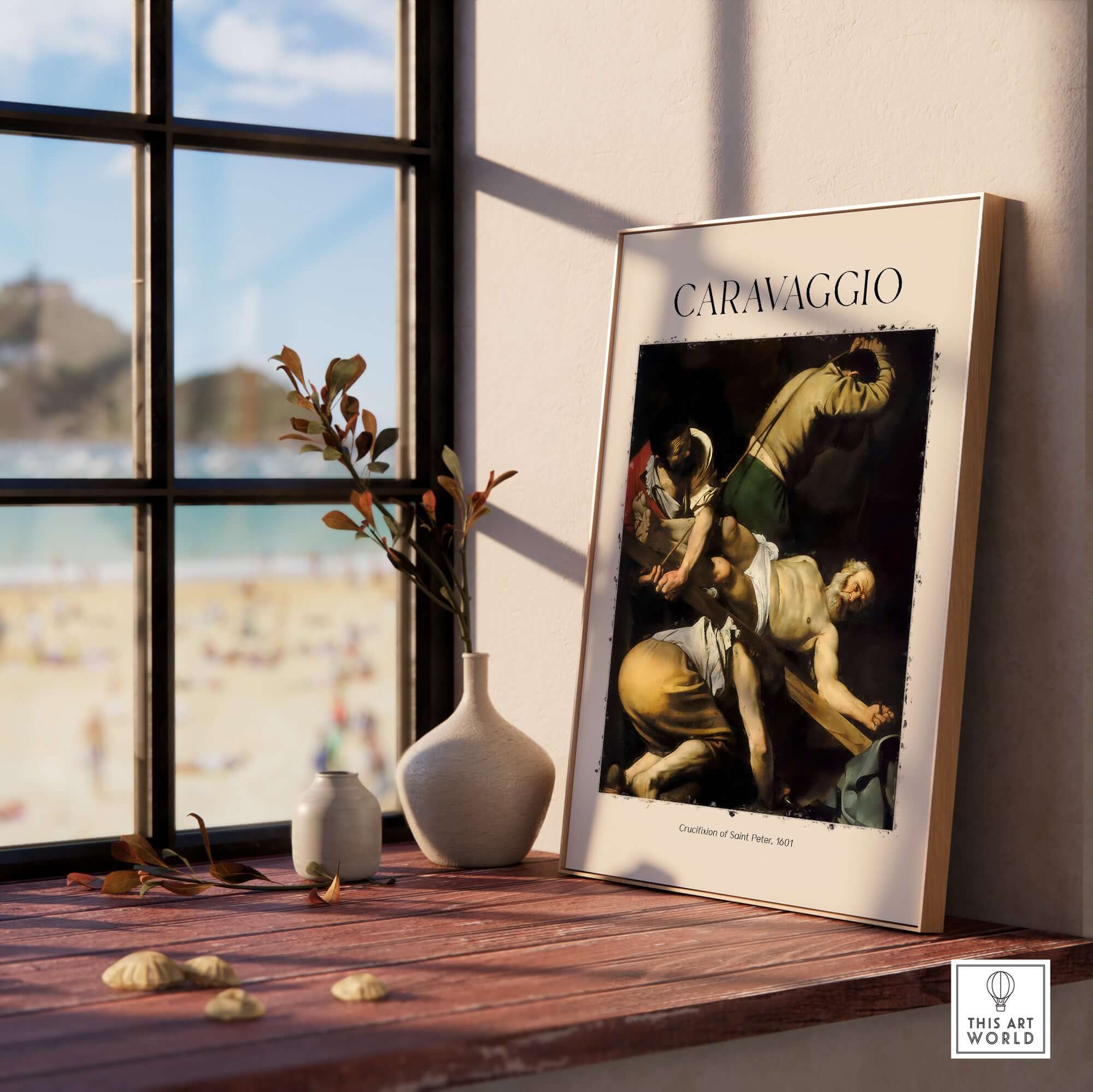 Caravaggio Art Print - Crucifixion of Saint Peter 1601 displayed in a cozy interior setting.