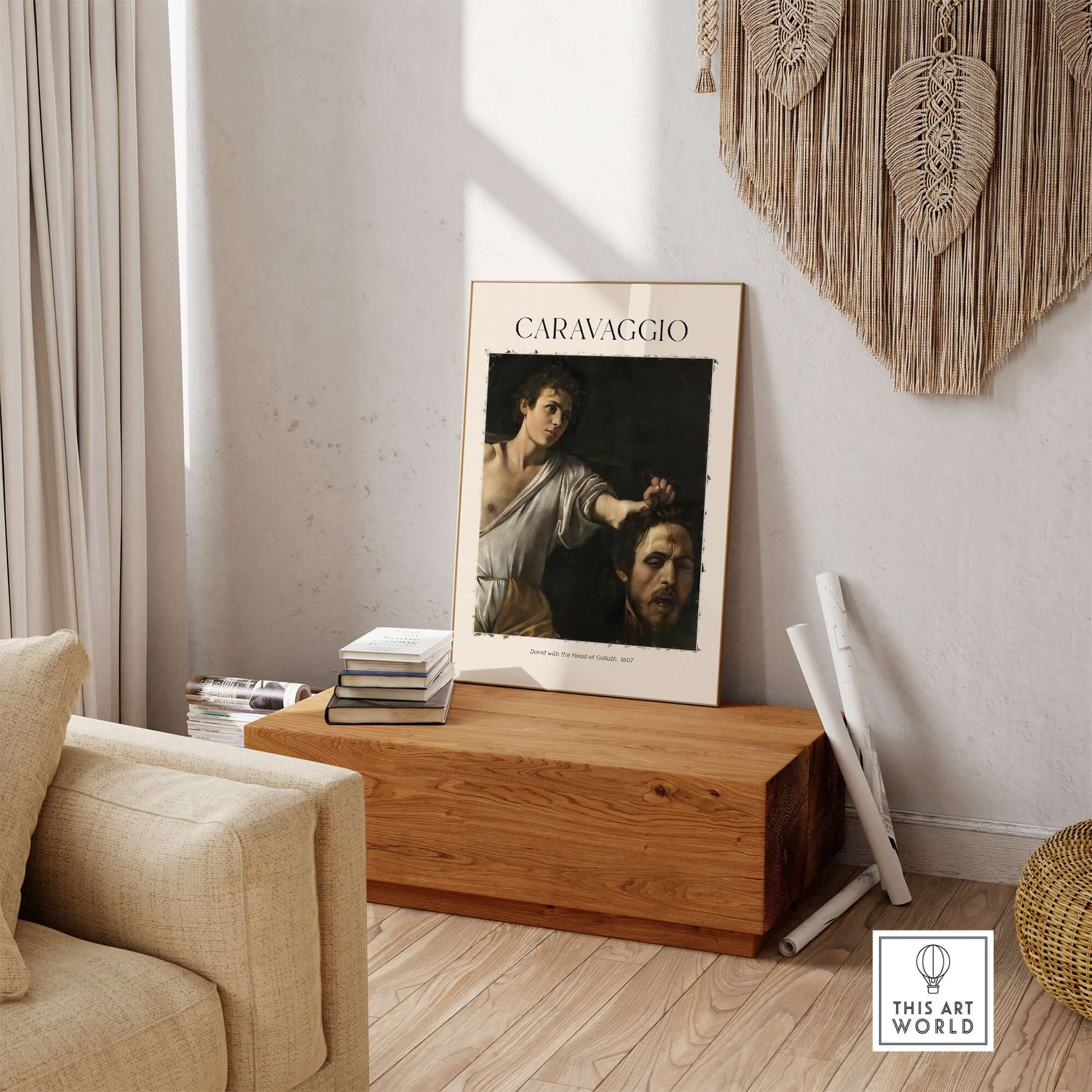 Caravaggio Art Print - David with the Head of Goliath Poster 1607 displayed in a modern living room setting.
