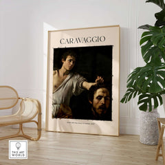 Caravaggio Art Print - David with the Head of Goliath Poster 1607 displayed in a modern interior.