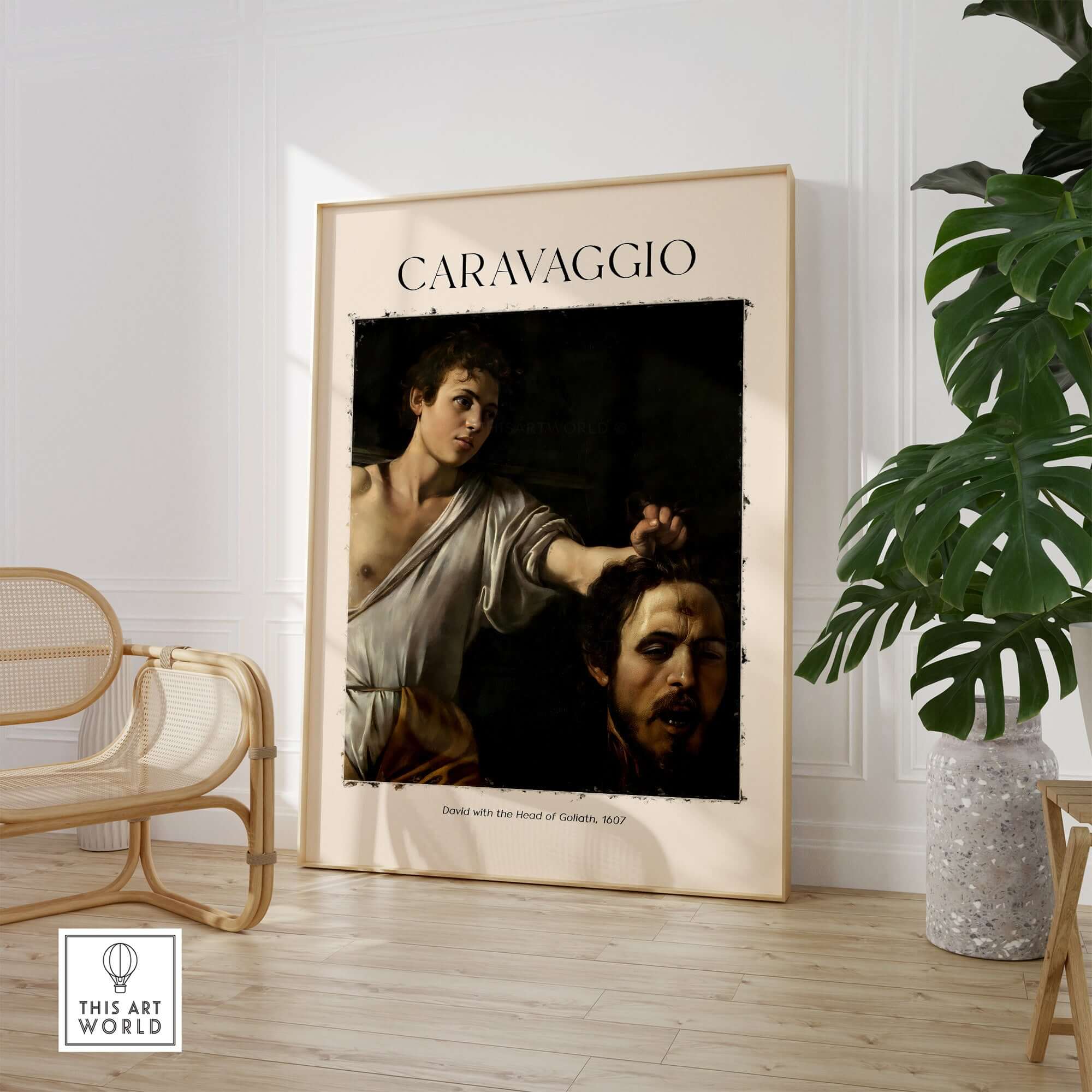 Caravaggio Art Print - David with the Head of Goliath Poster 1607 displayed in a modern interior.