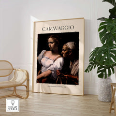 Caravaggio Art Print - Judith Beheading Holofernes Poster 1598 displayed in a stylish interior setting.