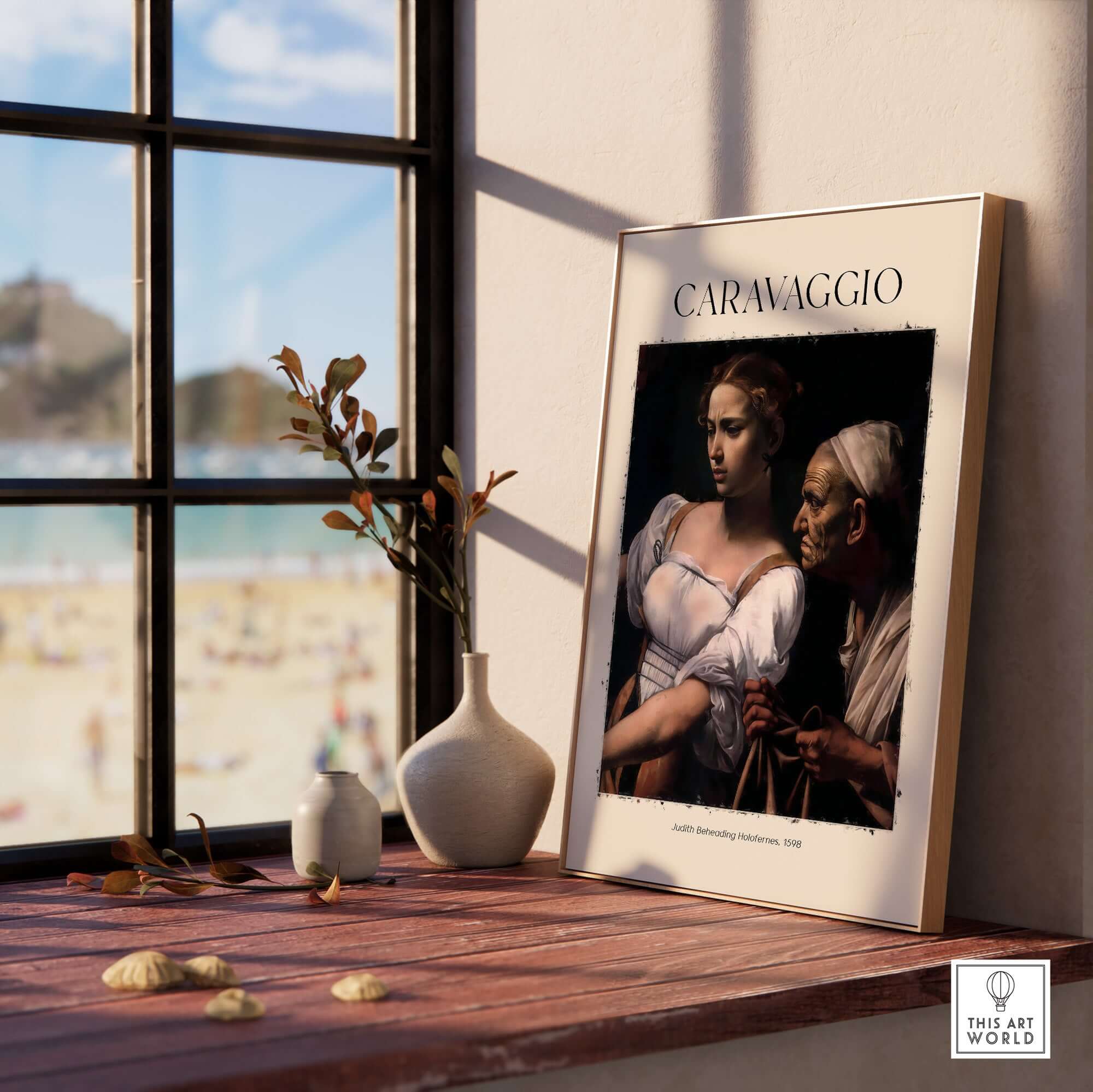 Caravaggio Art Print - Judith Beheading Holofernes Poster 1598 displayed in a stylish interior setting.
