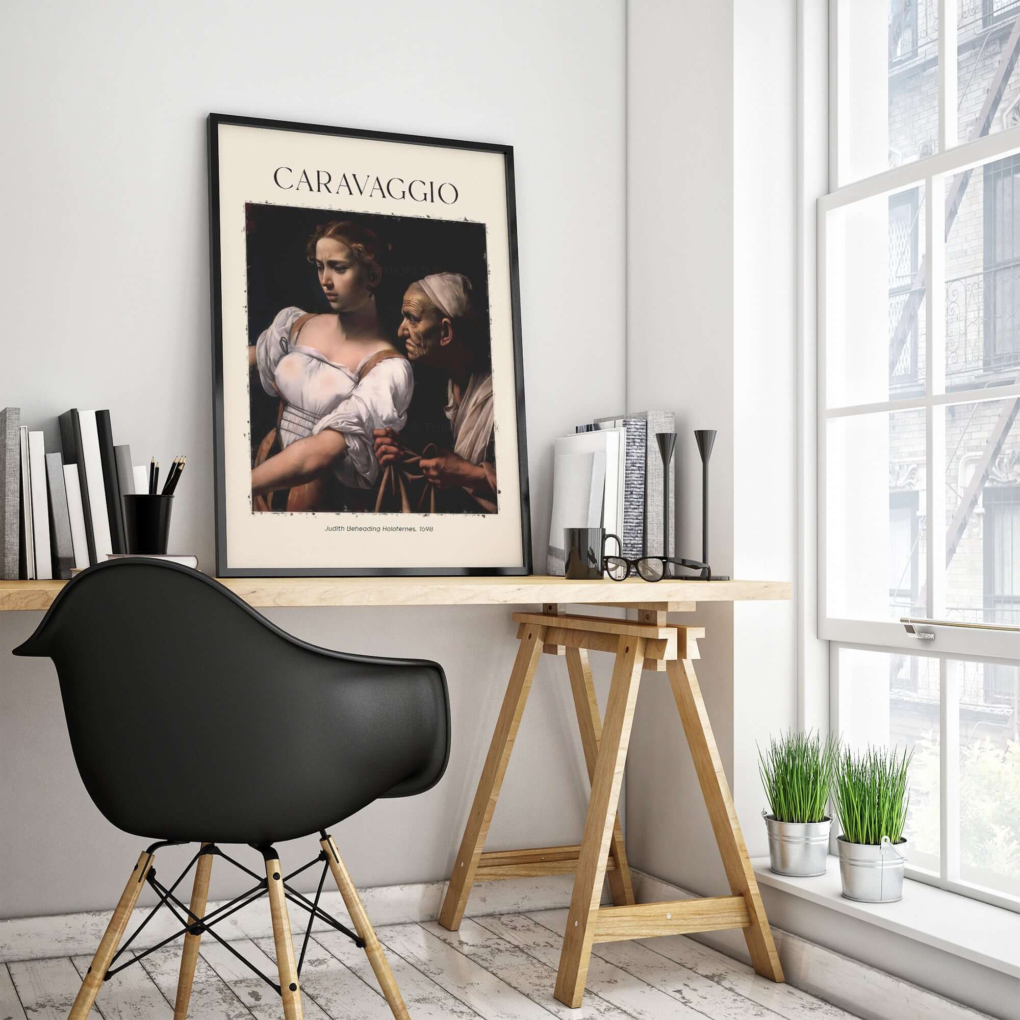 Caravaggio Art Print - Judith Beheading Holofernes Poster 1598 displayed in a modern interior setting.