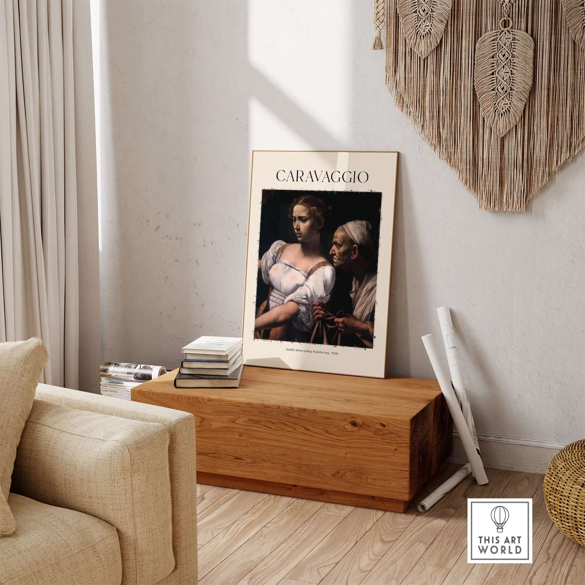 Caravaggio Art Print - Judith Beheading Holofernes Poster 1598 displayed in a stylish living room setting.