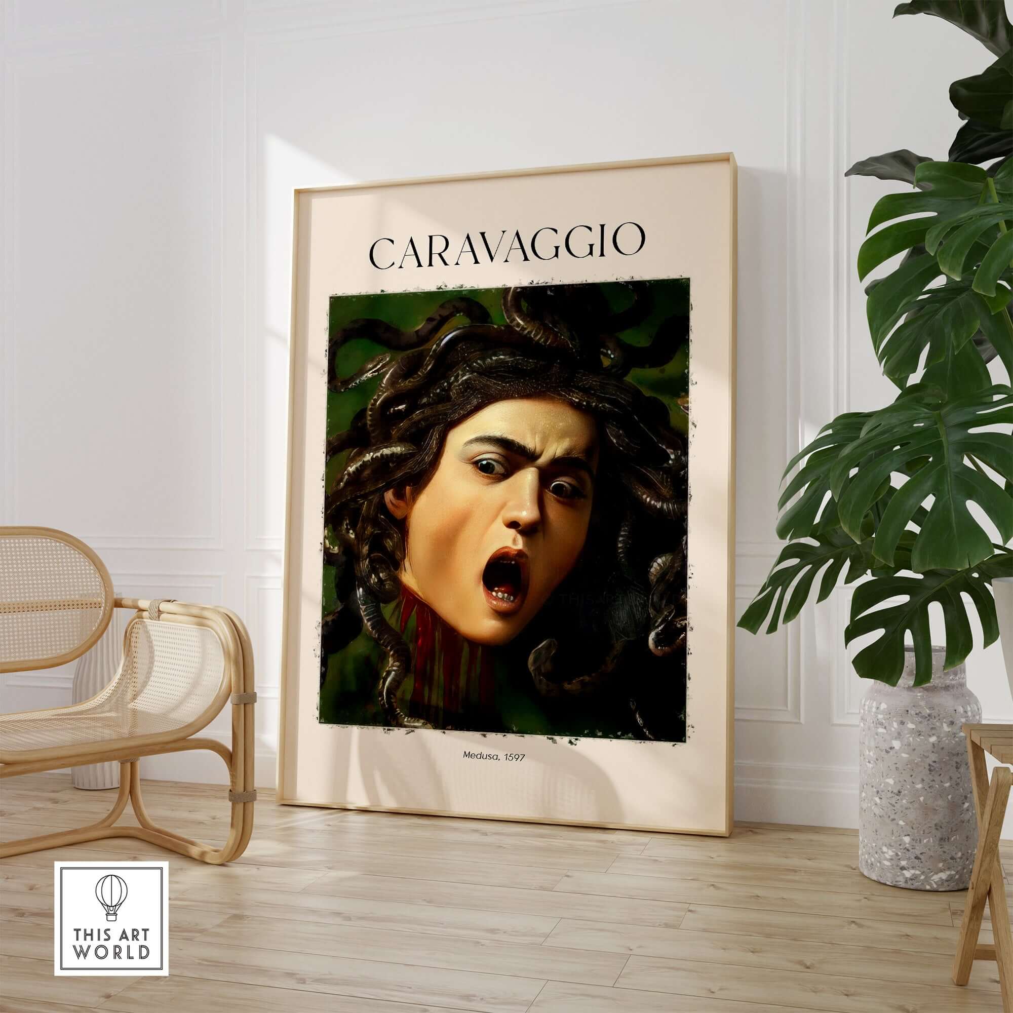 Caravaggio Art Prints - Medusa 1597 art print displayed in a modern interior setting with plants.
