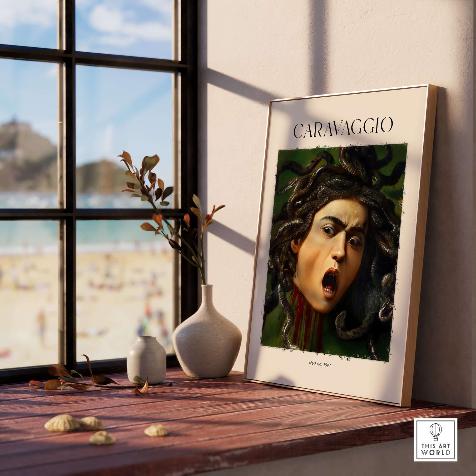 Caravaggio Art Prints - Medusa 1597 displayed in a sunny room, featuring the iconic severed head of Medusa.