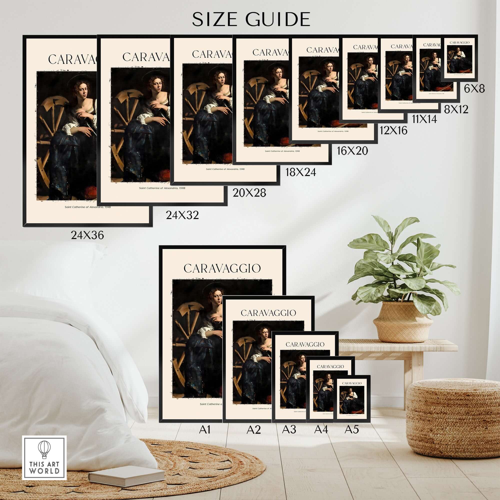 Caravaggio Art Print - Saint Catherine of Alexandria 1598 size guide showcasing various frame sizes and dimensions for display.