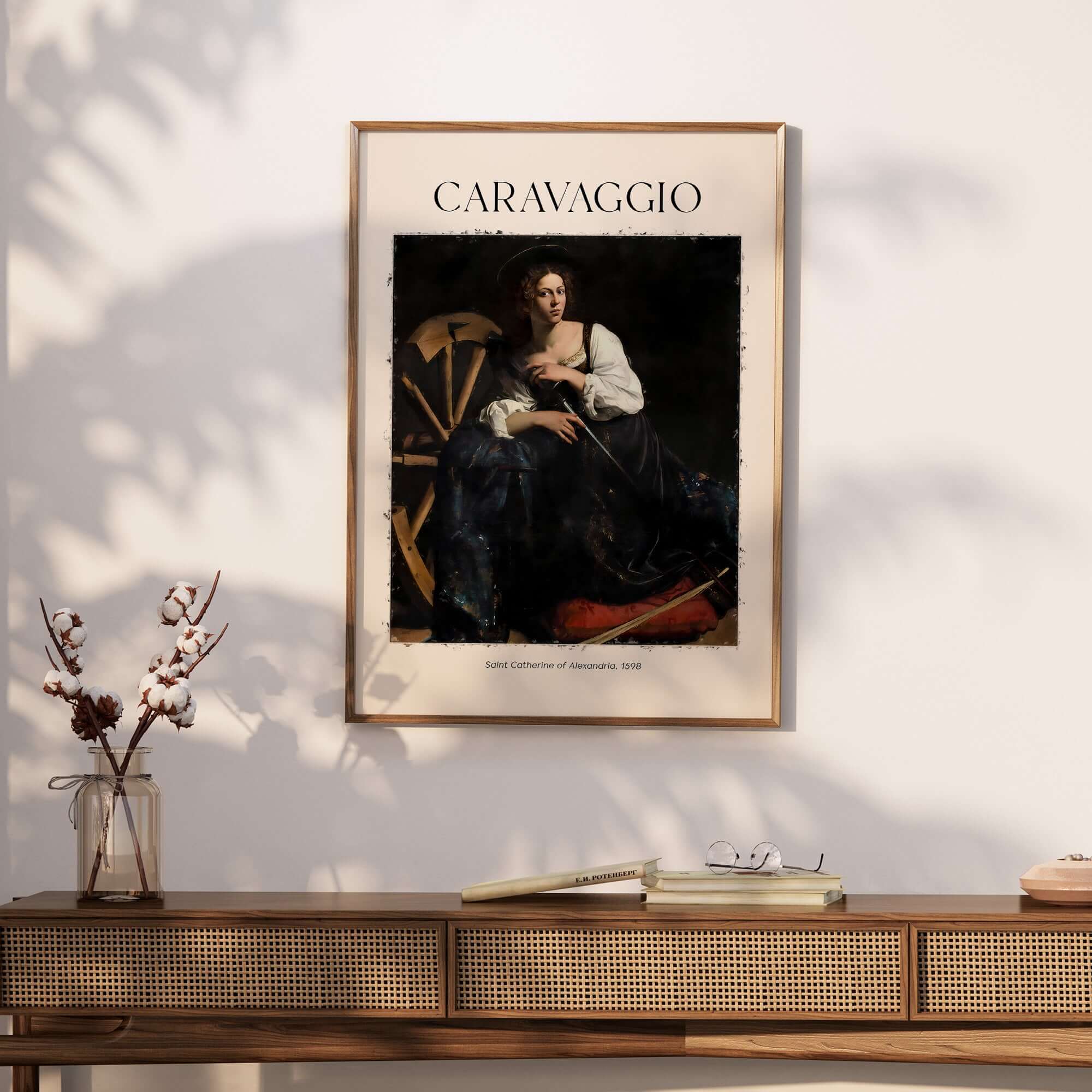 Caravaggio Art Print - Saint Catherine of Alexandria 1598 displayed in a modern interior with elegant decor.
