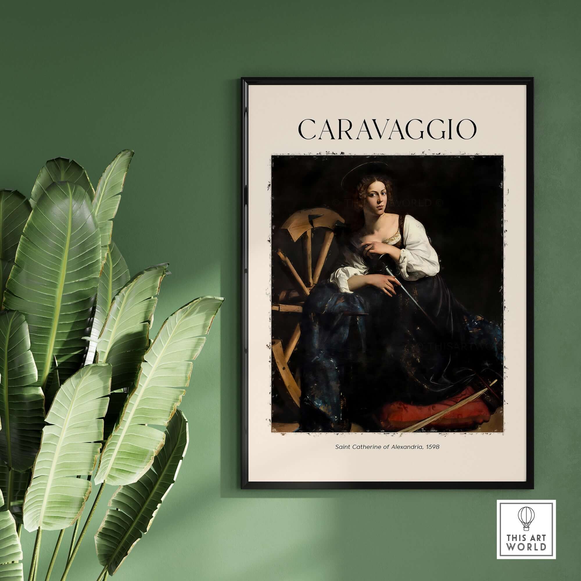 Caravaggio Art Print - Saint Catherine of Alexandria 1598 framed wall art on green background