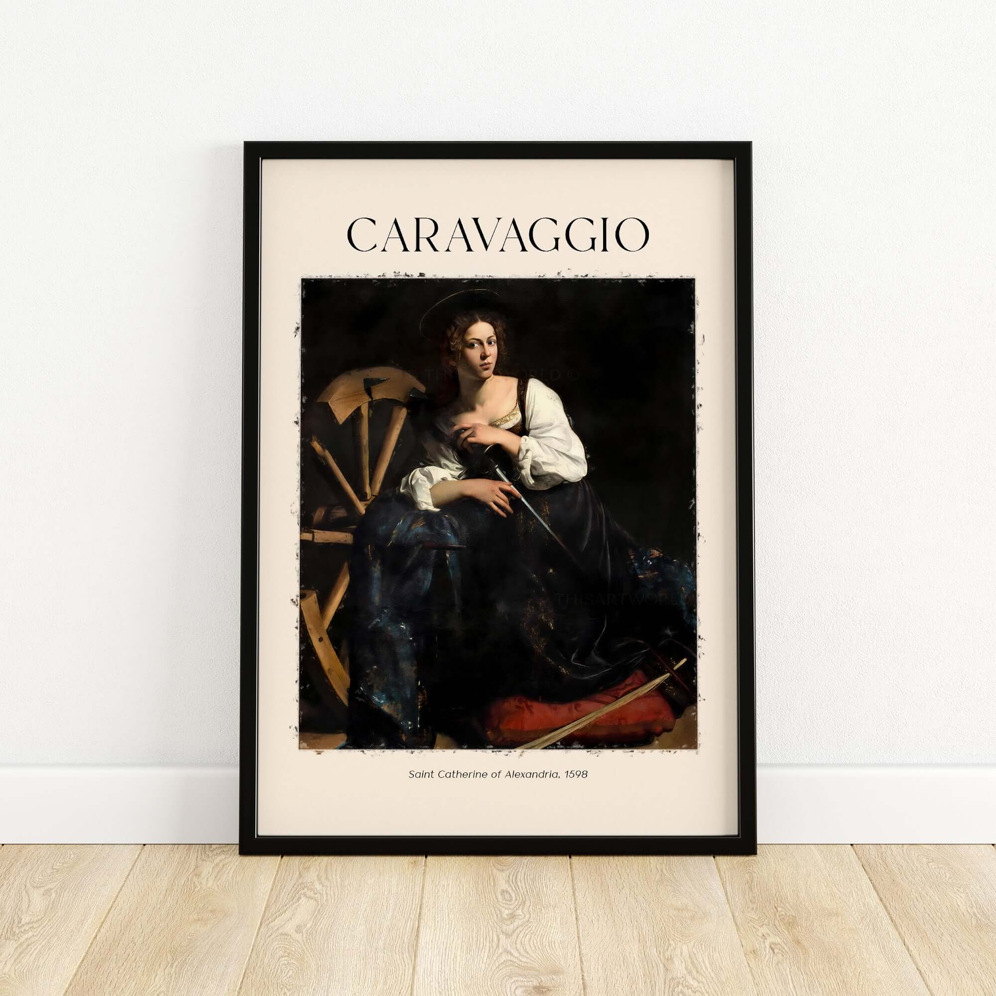 Caravaggio Art Print - Saint Catherine of Alexandria 1598 framed print featuring the saint in dramatic chiaroscuro.