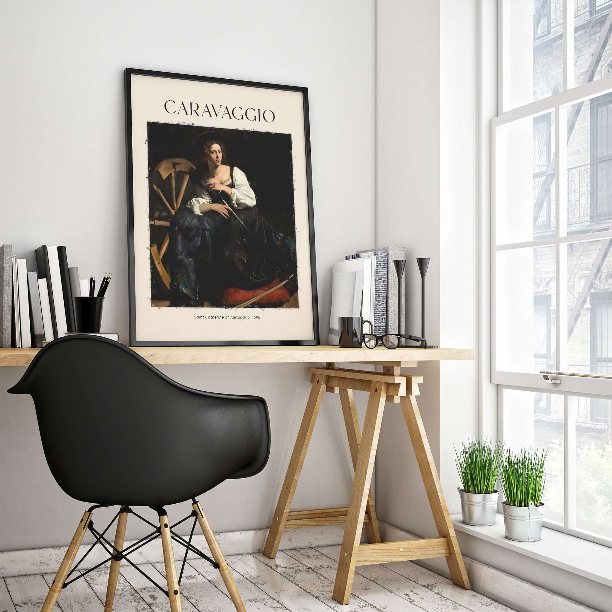 Caravaggio Art Print - Saint Catherine of Alexandria 1598 displayed on a modern desk with a black chair.