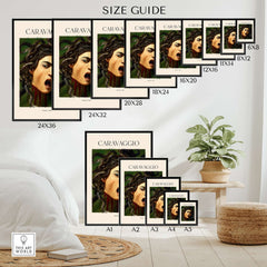 Caravaggio Art Prints - Medusa 1597 size guide showcasing various frame sizes for Baroque art prints.