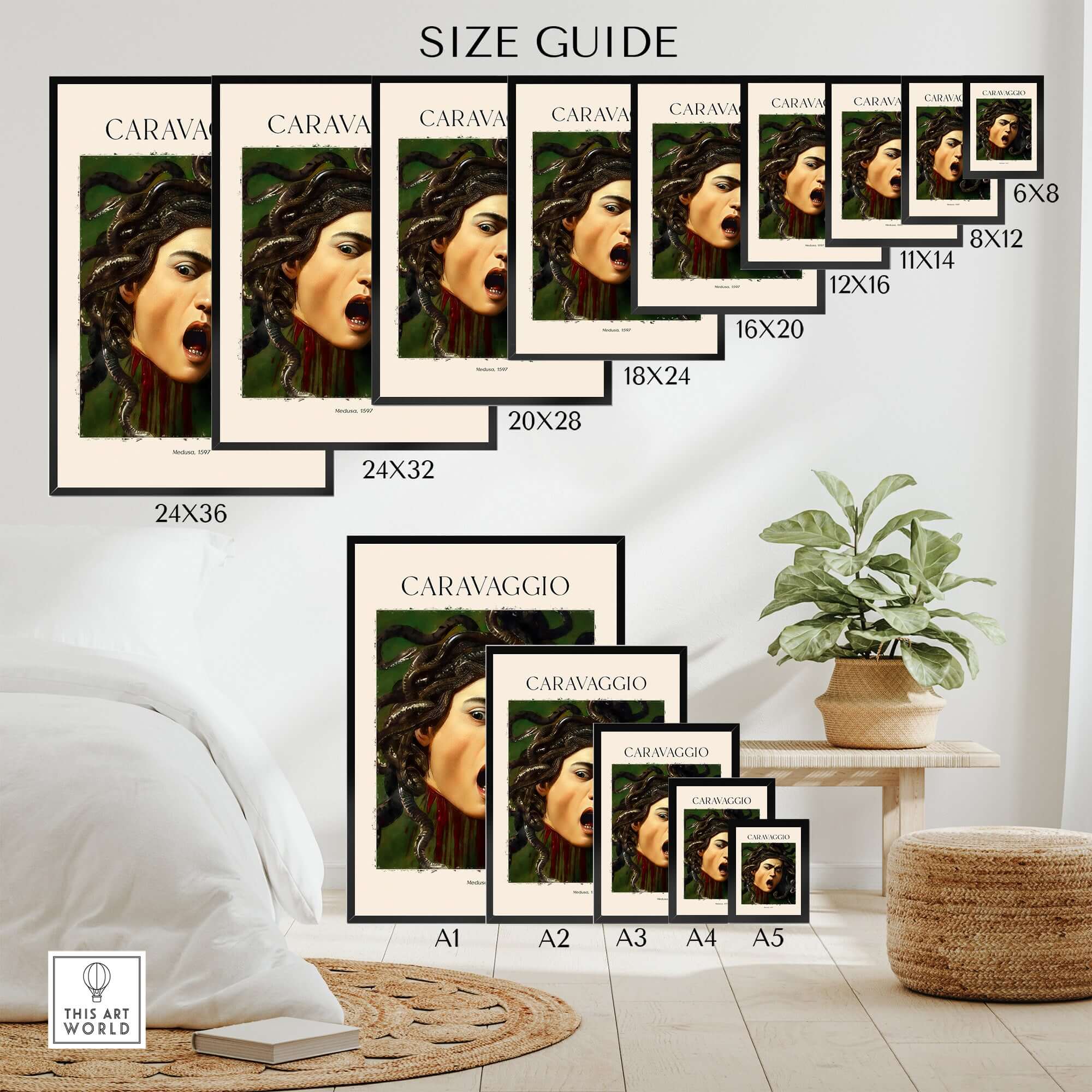 Caravaggio Art Prints - Medusa 1597 size guide showcasing various frame sizes for Baroque art prints.