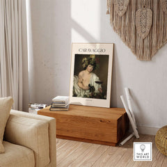 Caravaggio Bacchus Art Print - Roman God of Wine Baroque Wall Decor 1596 displayed in a stylish modern interior.