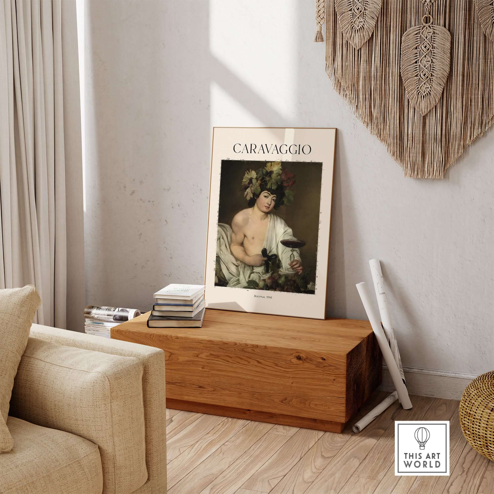 Caravaggio Bacchus Art Print - Roman God of Wine Baroque Wall Decor 1596 displayed in a stylish modern interior.