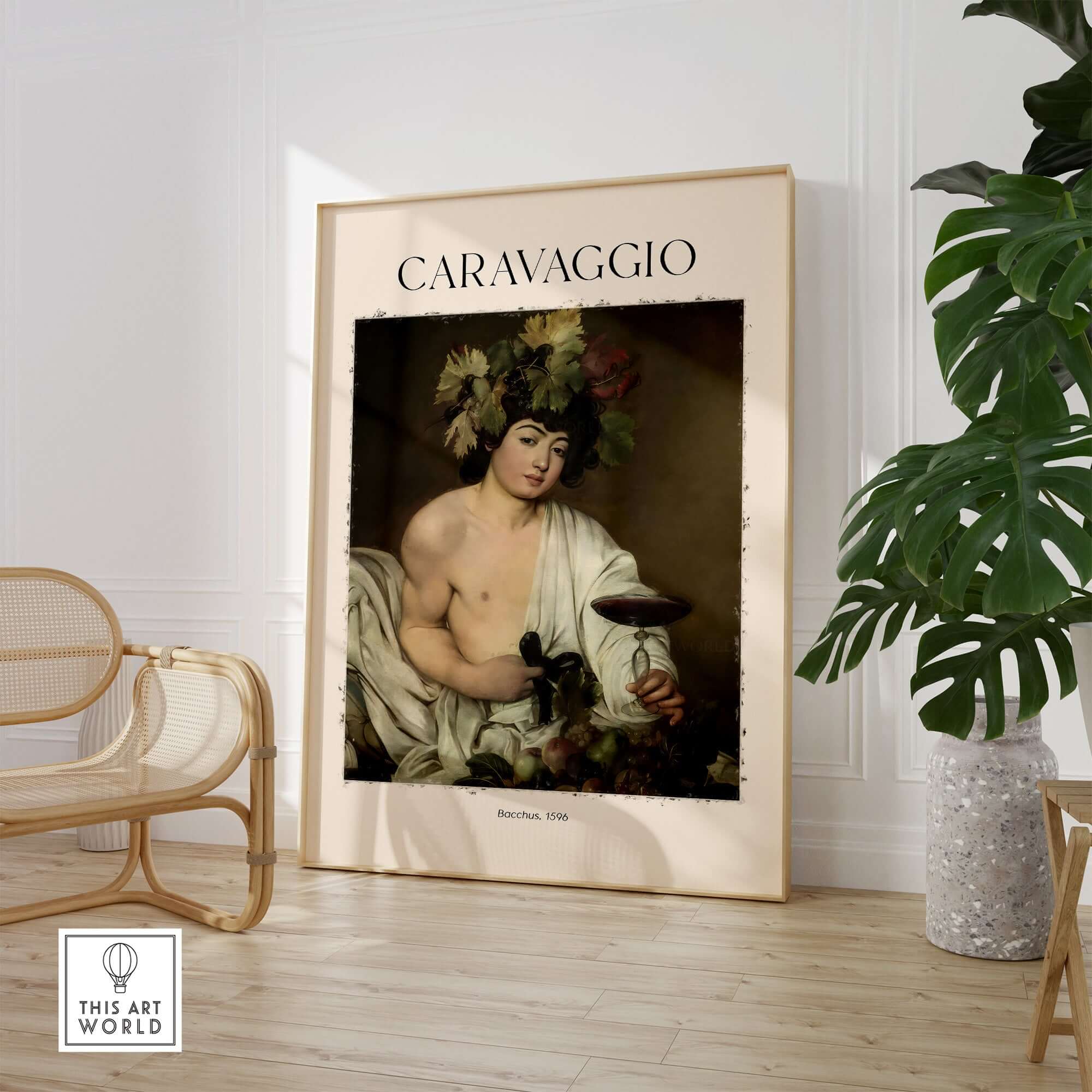 Caravaggio Bacchus Art Print - Roman God of Wine Baroque Wall Decor 1596 displayed in an elegant room setting.
