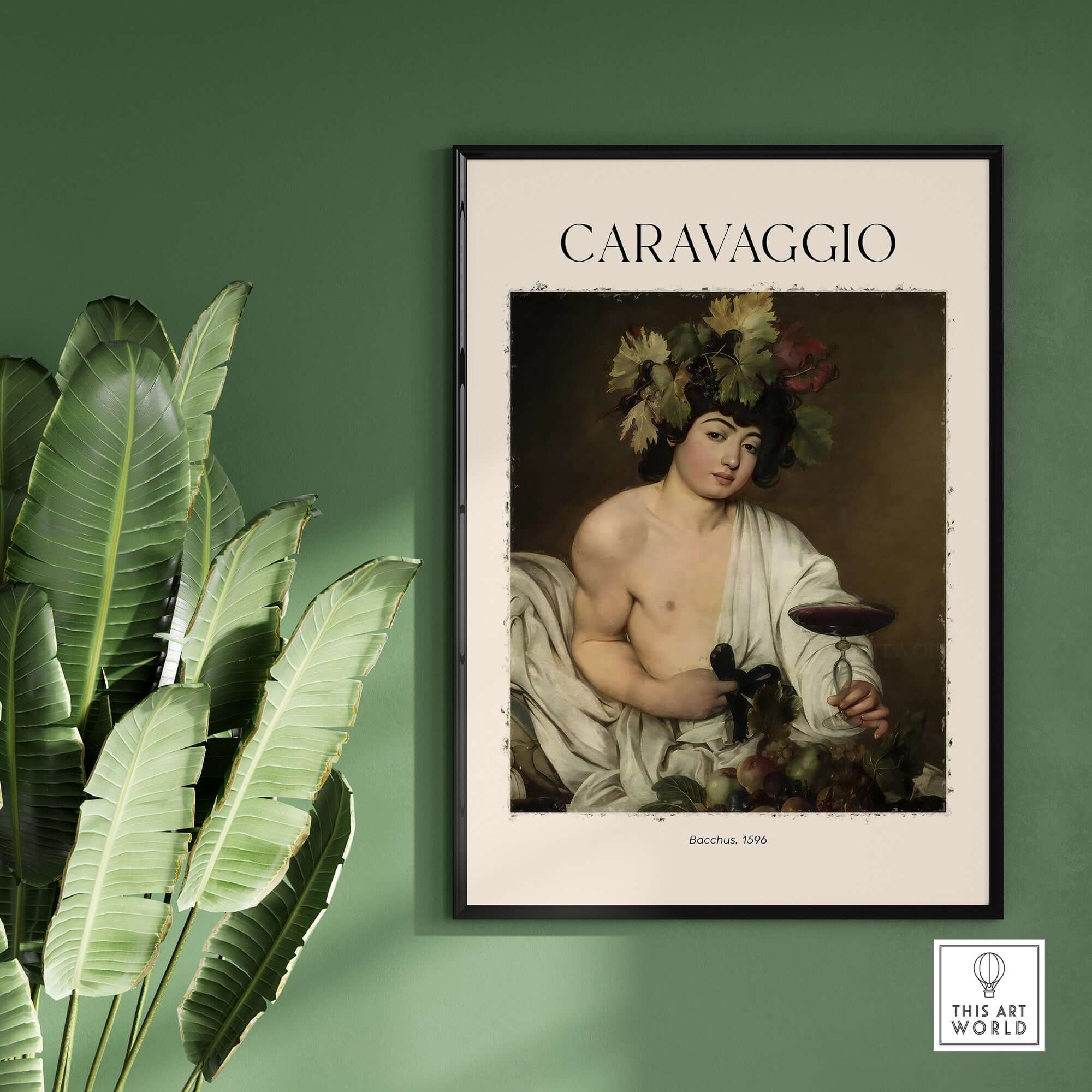 Caravaggio Bacchus Art Print - Roman God of Wine Baroque Wall Decor 1596 in a framed print on a green wall.