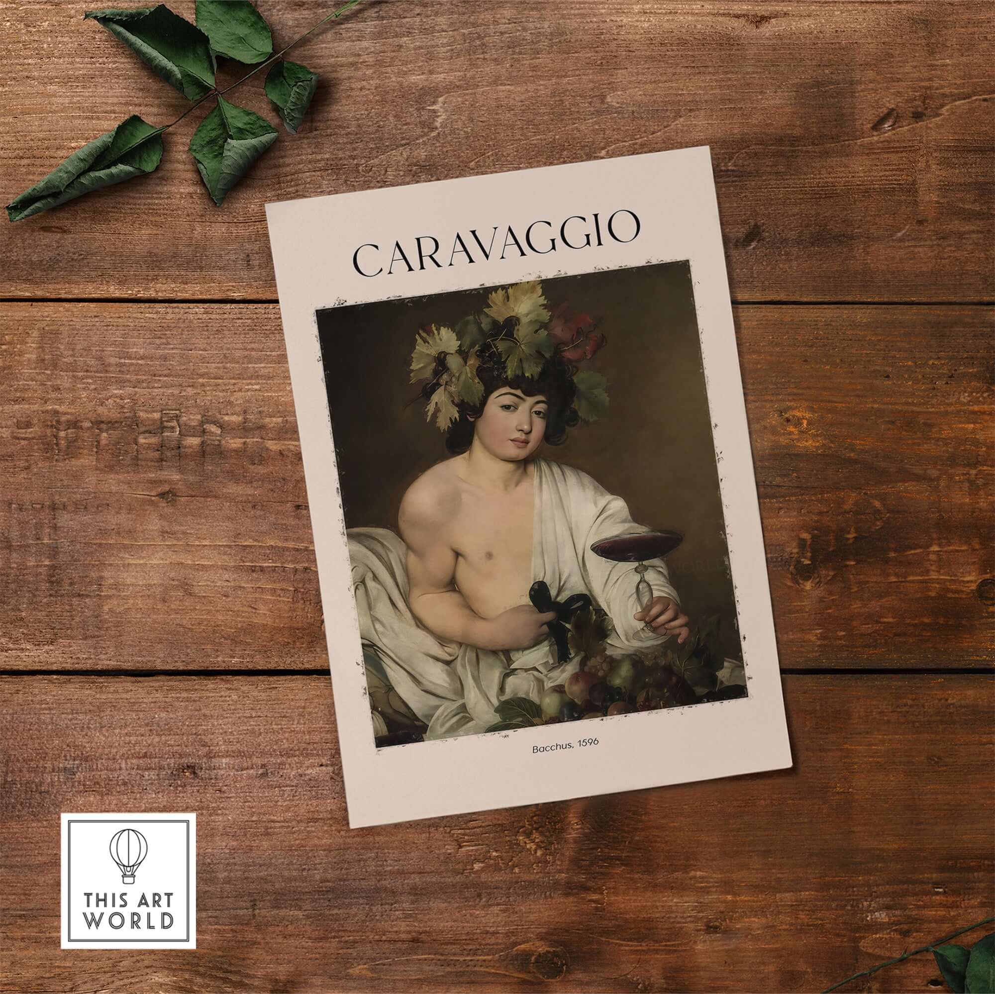 Caravaggio Bacchus Art Print - Roman God of Wine Baroque Wall Decor 1596 on wooden background.