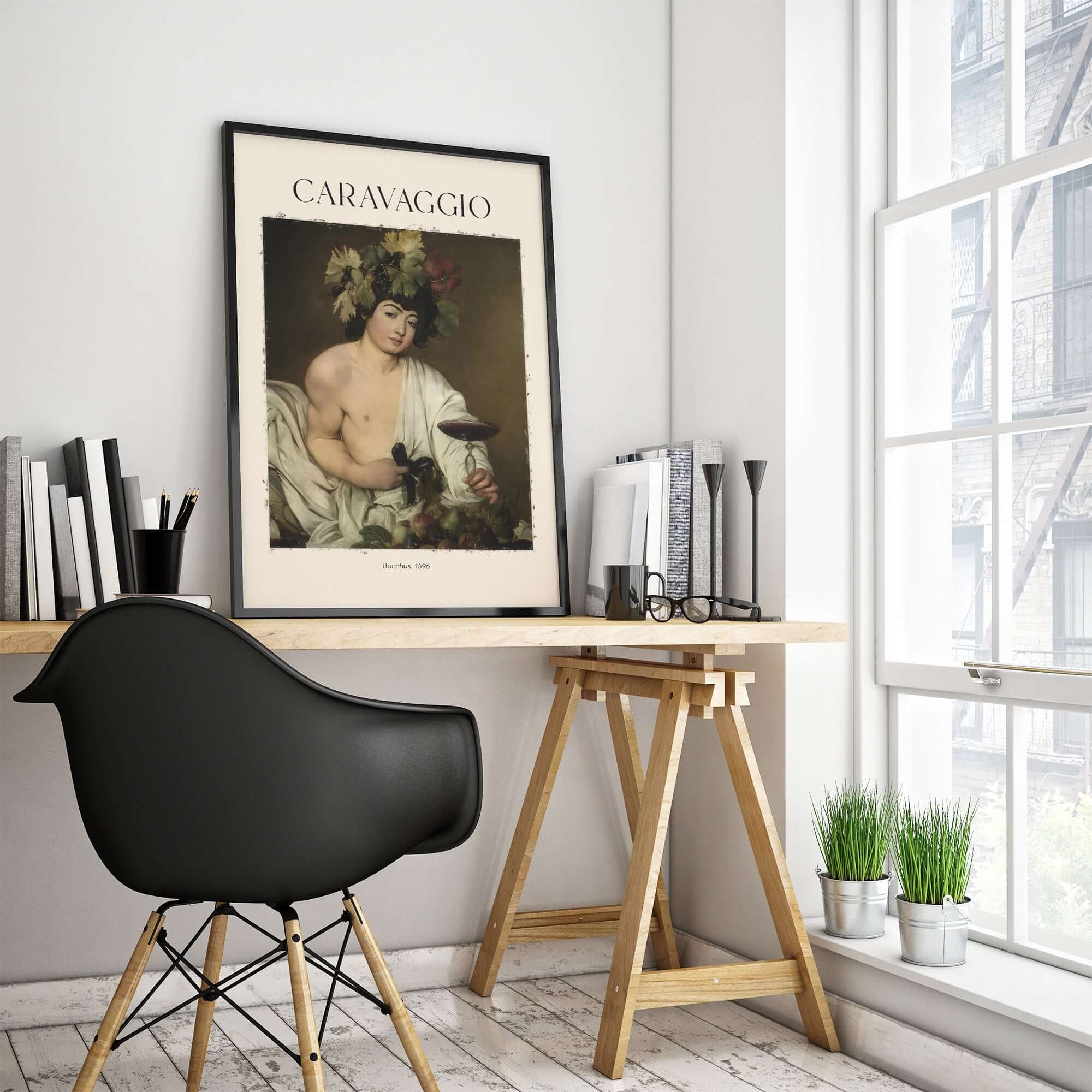 Caravaggio Bacchus Art Print - Roman God of Wine Baroque Wall Decor 1596 displayed in a modern office setting.