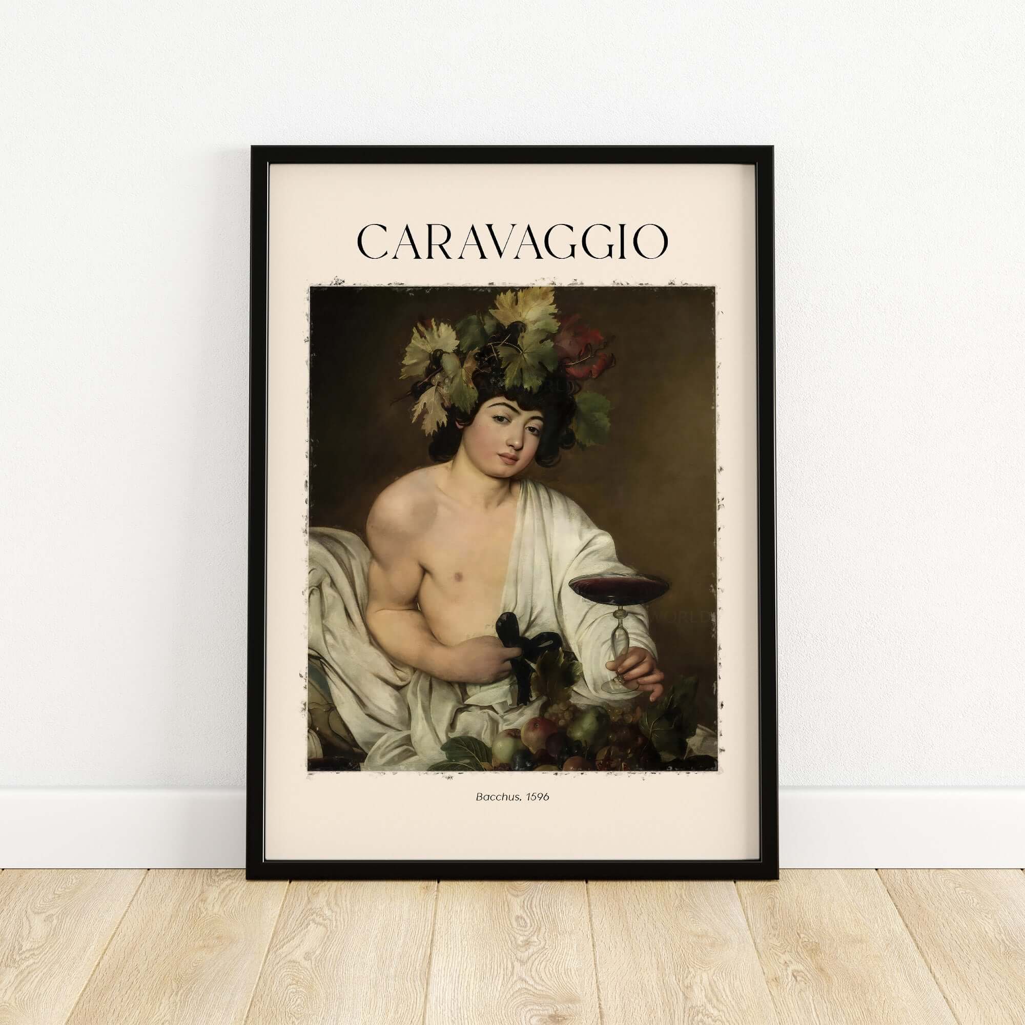 Caravaggio Bacchus Art Print - Roman God of Wine Baroque Wall Decor 1596, featuring Bacchus with goblet and vine leaves.