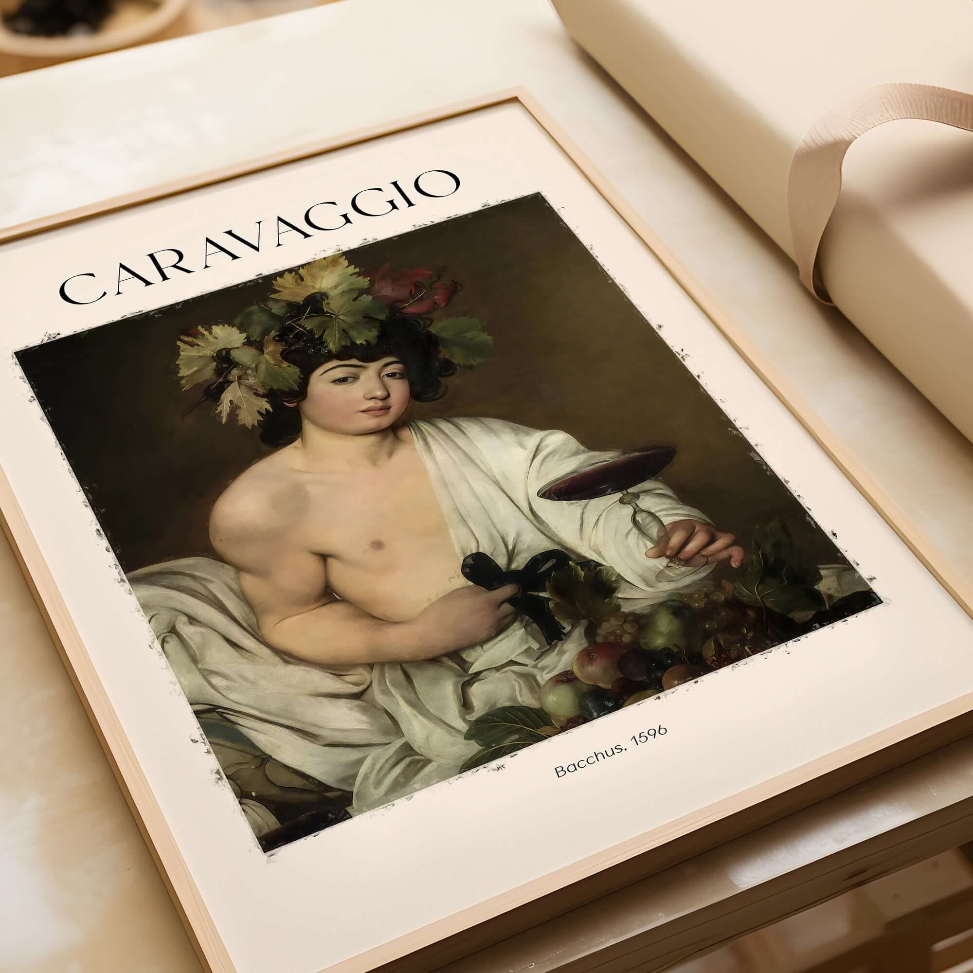 Caravaggio Bacchus Art Print - Roman God of Wine Baroque Wall Decor 1596 featuring Bacchus with a goblet.