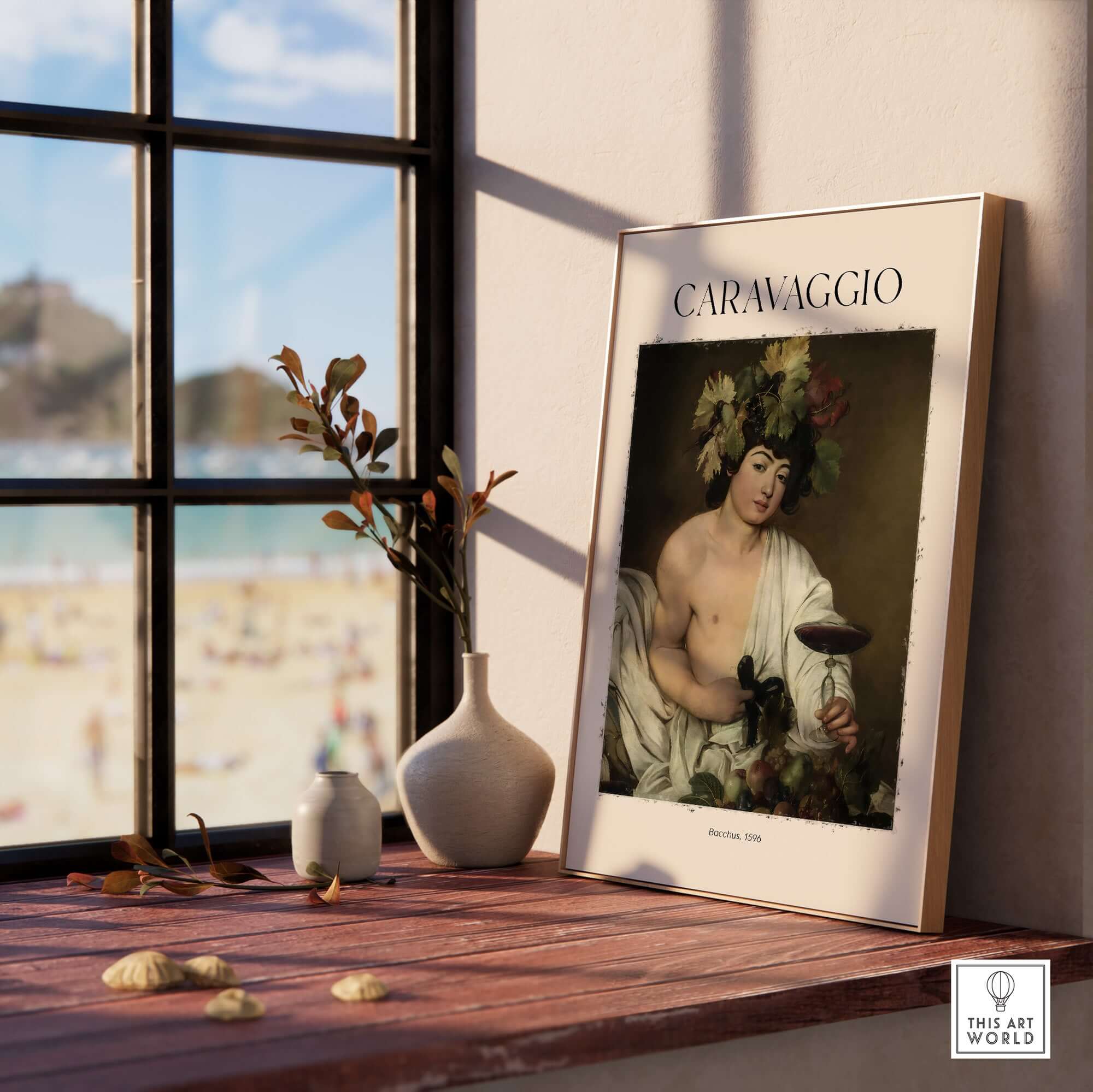 Caravaggio Bacchus Art Print - Roman God of Wine Baroque Wall Decor 1596 displayed on a wooden table with flowers.